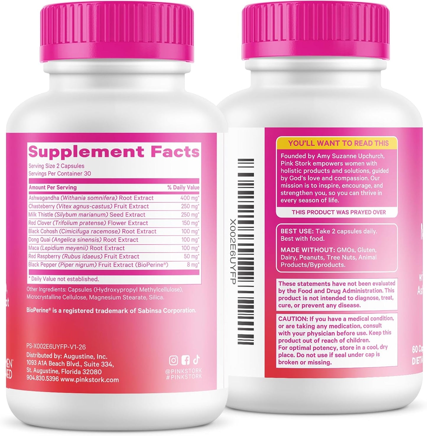 Pink Stork Menopause Support for Women - Hot Flash, Mood, Sleep, Weight, Cortisol & Hormonal Balance - Vegan, Estrogen-Free Perimenopause Relief - Ashwagandha, Maca - 60 Capsules