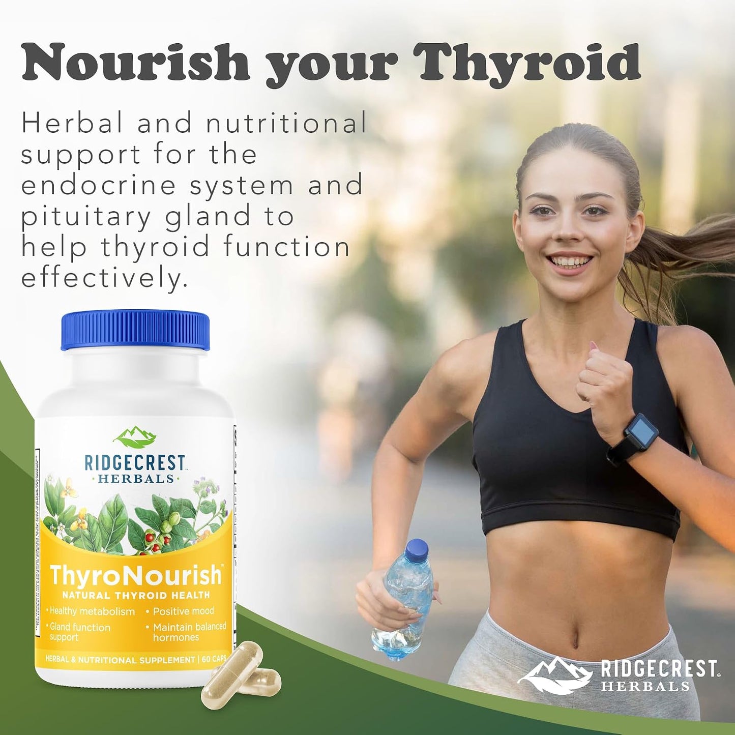 RidgeCrest Herbals ThyroNourish Thyroid and Metabolism Support 60 Ct | 30 Servings, Ashwagandha, L-Tyrosine, Iodine, Copper, Kelp, Natural Energy and Sleep Wellness, Daily Herbal Formula