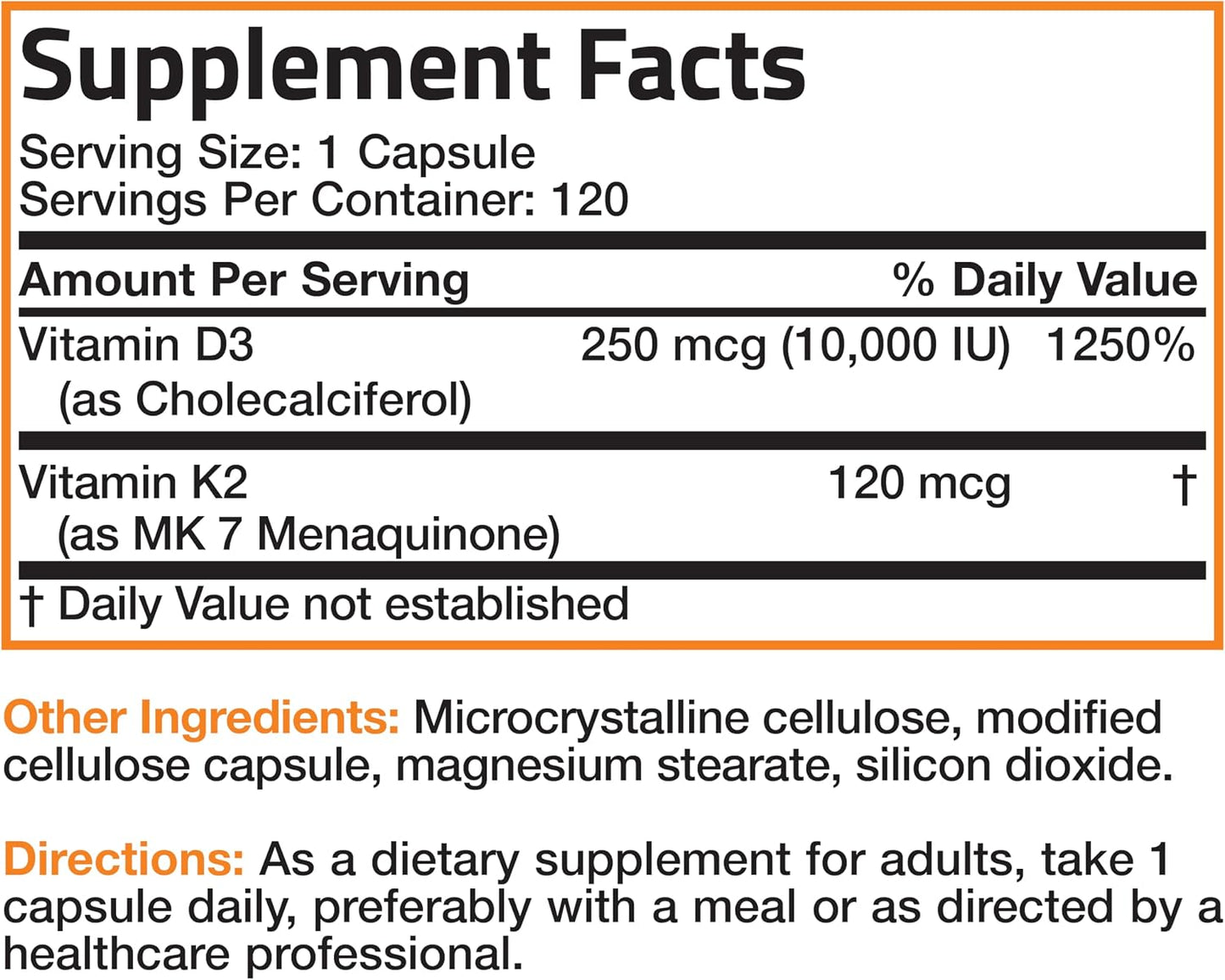 Bronson Vitamin K2 D3 (MK7) Extra Strength D3 & K2 Complex, 120 Capsules | Bone, Immune & Heart Health Support, Gluten Free, Soy Free, Non-GMO, Vitamin D3 10,000IU (250 mcg) & 120 mcg K2 MK-7
