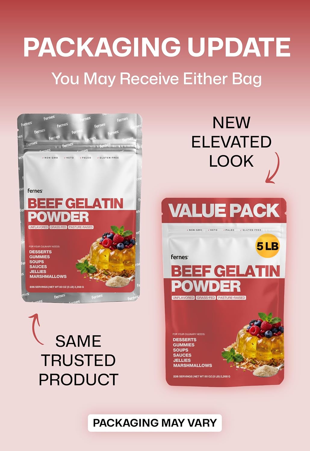 Fernes Bulk Beef Gelatin Powder (5 LB) Unflavored - Grass-Fed & Pasture-Raised, 225 Bloom Thickening Agent for Gummies, Marshmallows, Desserts & Baking - Keto, Paleo, Non-GMO, Kosher, Gluten-Free