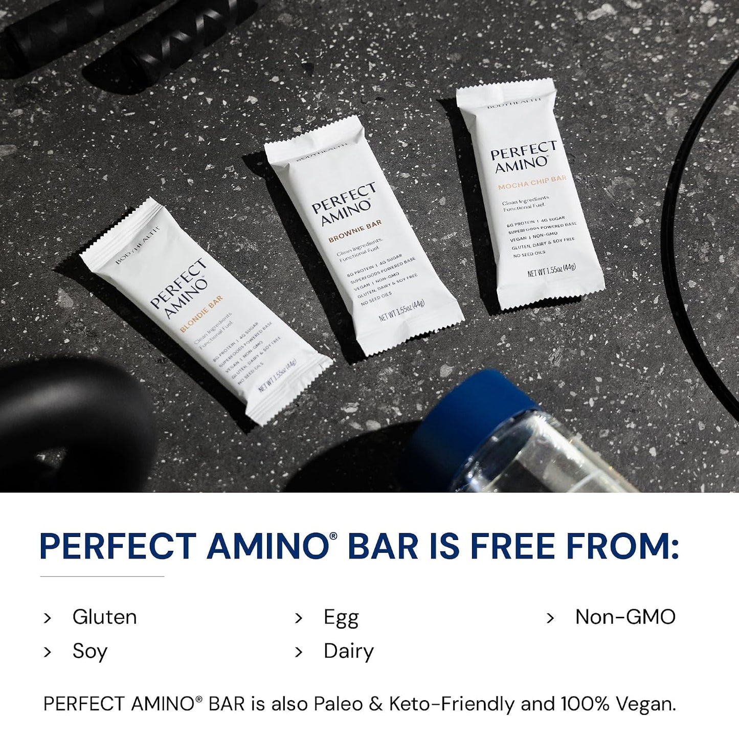 BodyHealth PerfectAmino Bar – Protein Energy Snack with 8g Protein, Plant-Based MCTs, Superfood Blend, Non-GMO, Gluten, Dairy & Soy Free (Brownie, 12 Pack)
