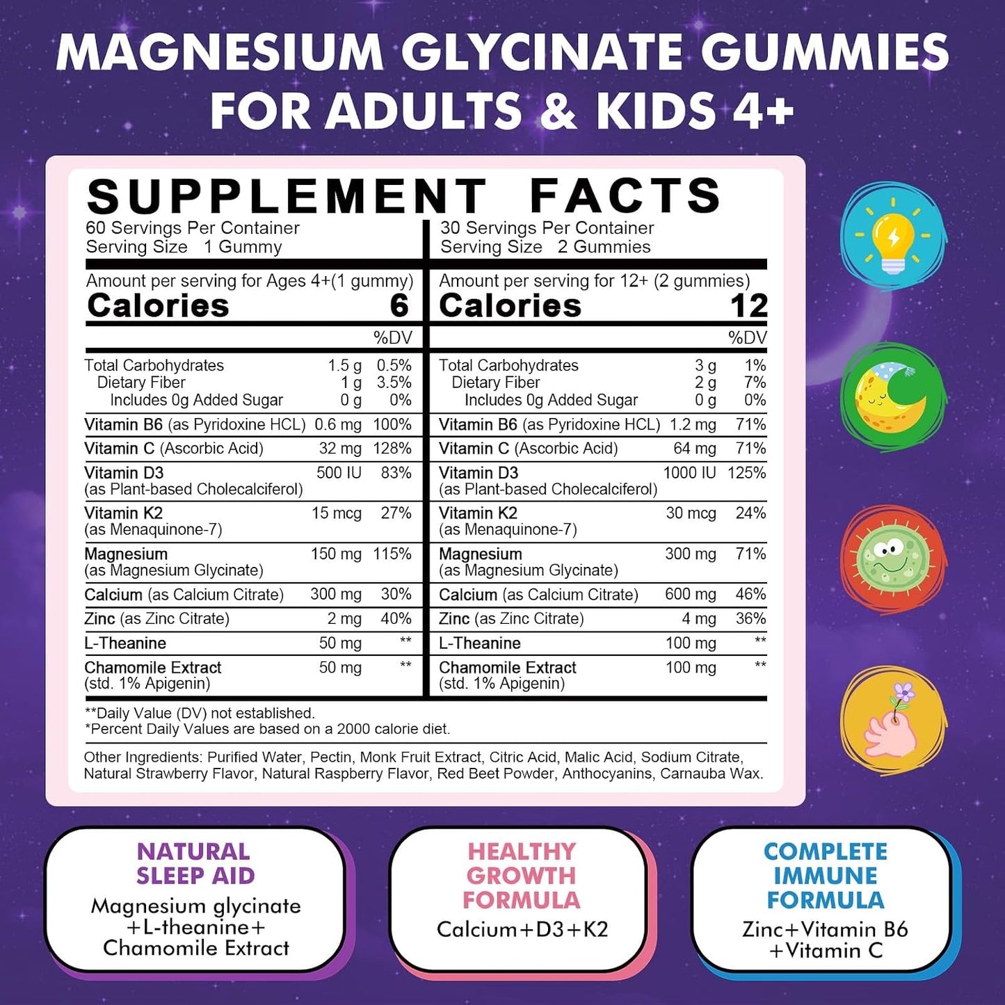 Magnesium Glycinate Gummies for Kids 4+ & Adults- Magnesium Glycinate 150/300 mg for Natural Sleep, Relaxation & Calm Support, Melatonin Free, Sugar Free Strawberry Flavor, 60 Ct