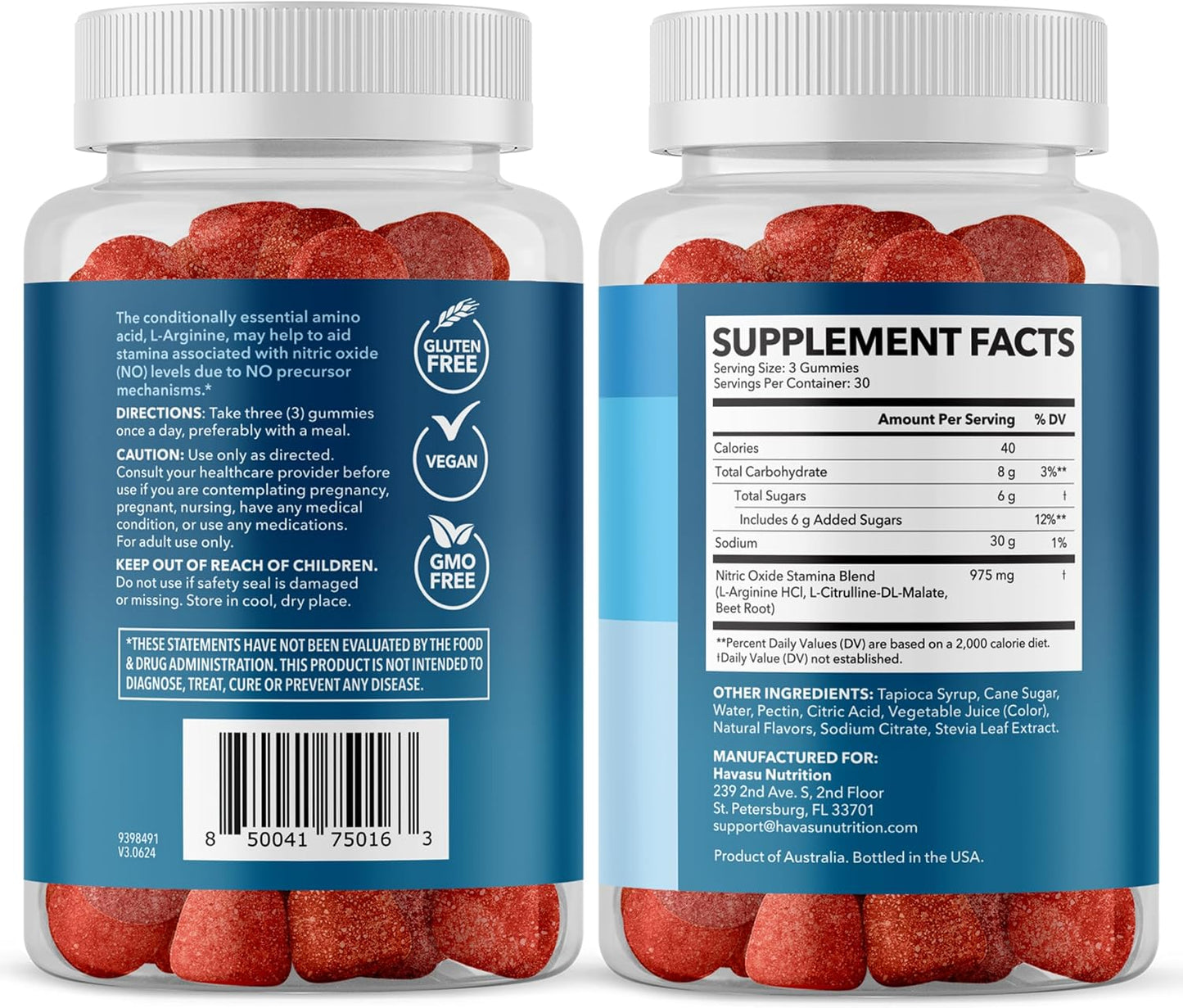 L-Arginine with L-Citrulline and Beet Root Gummies, Sour Berry, 30 Servings | Vegan, Non-GMO Nitric Oxide Supplement for Energy, Endurance, and Recovery Support, Energizing Sour Berry Flavor
