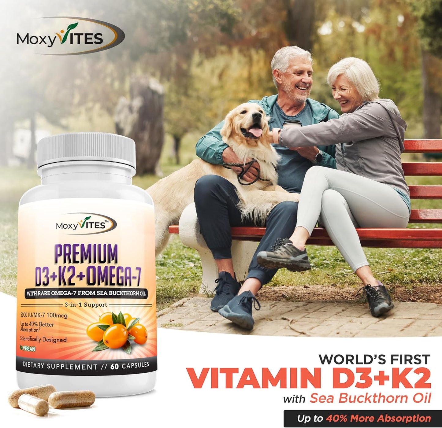 MoxyVites Vitamin D3 K2 5000 IU – High Absorption D3 + K2 MK-7 with Sea Buckthorn Oil & Omega-7 – Bone, Heart & Immune Support for Women & Men – 60 Vegan Capsules