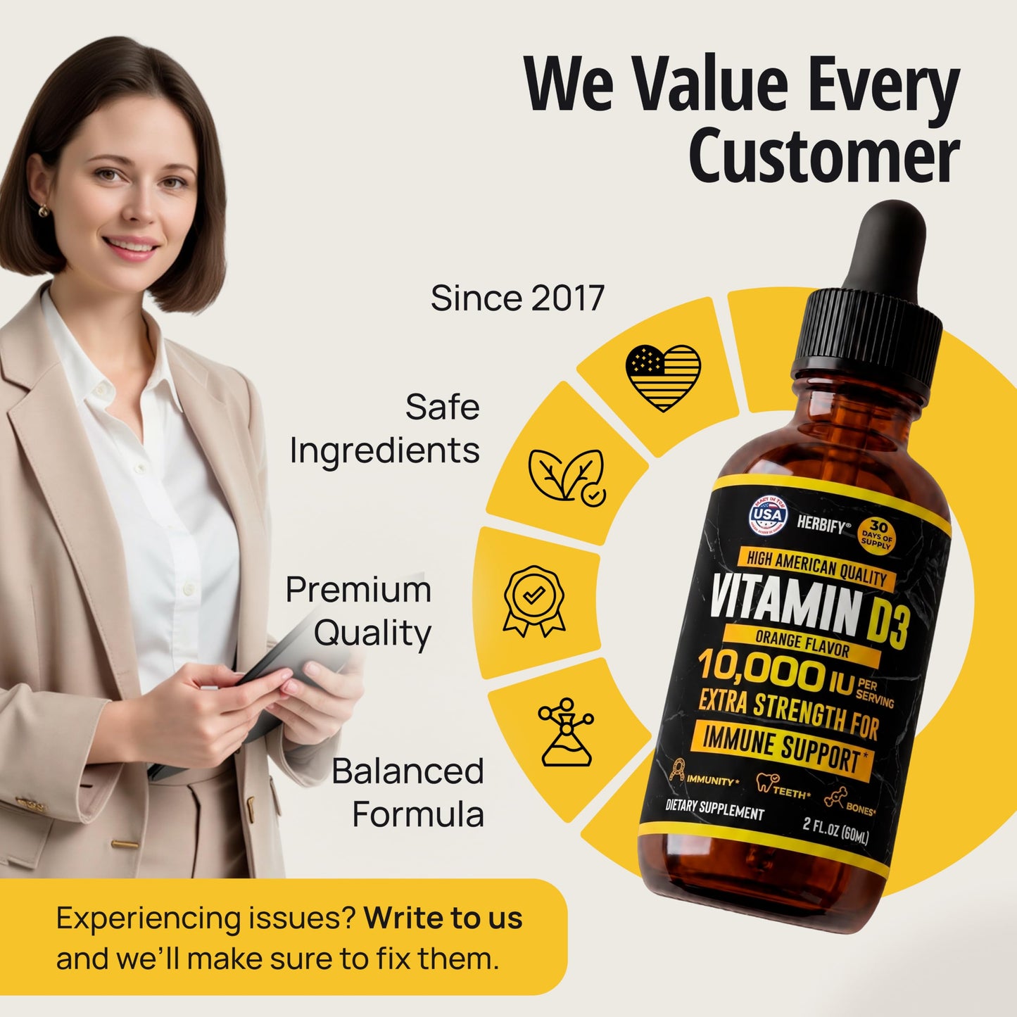 HERBIFY Vitamin D3 10000 IU - Made in USA Liquid Vitamin D Drops - Bone Strength and Immune Support Supplement - Sunshine Replacement - D3 Vitamin Bone and Teeth Supplement - 30 Days Supply - 2 Oz