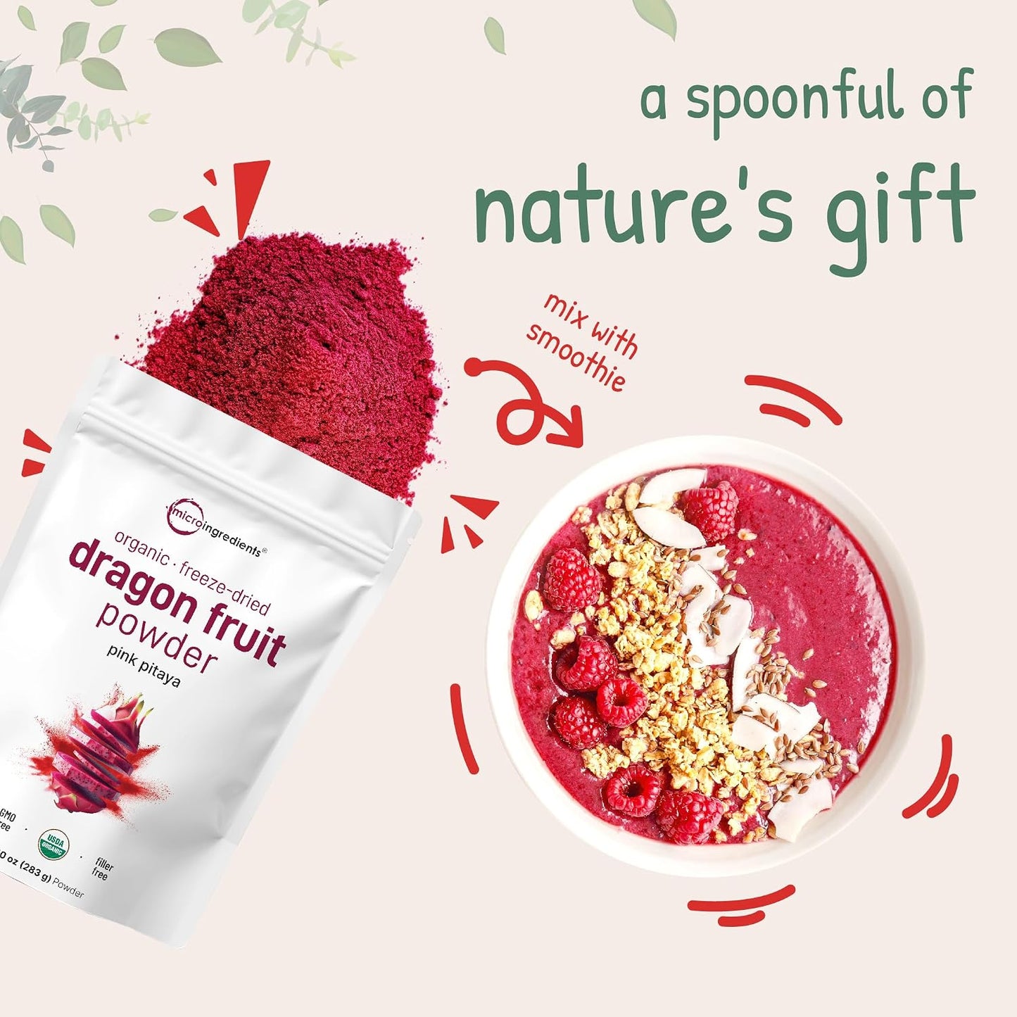 Micro Ingredients Organic Dragon Fruit Powder, 10oz | Natural Fruit Flavor | Freeze-Dried Pink Pitaya Source | No Sugar & Additives | Great for Drinks, Smoothie, & Beverages | Non-GMO & Vegan Friendly