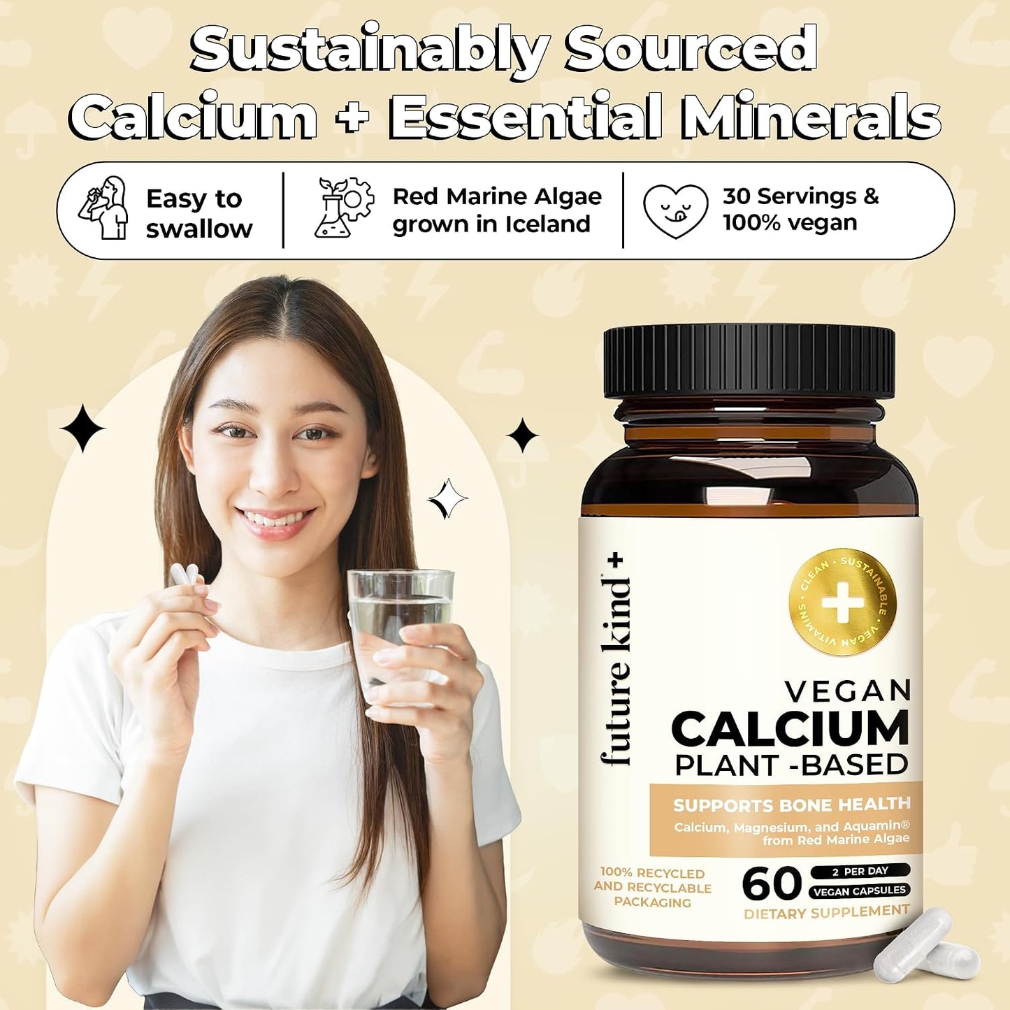 Future Kind Vegan Calcium Supplement - Plant-Based Calcium Magnesium Supplement Sourced from Iceland for Teeth & Bone Support (60 Capsules)