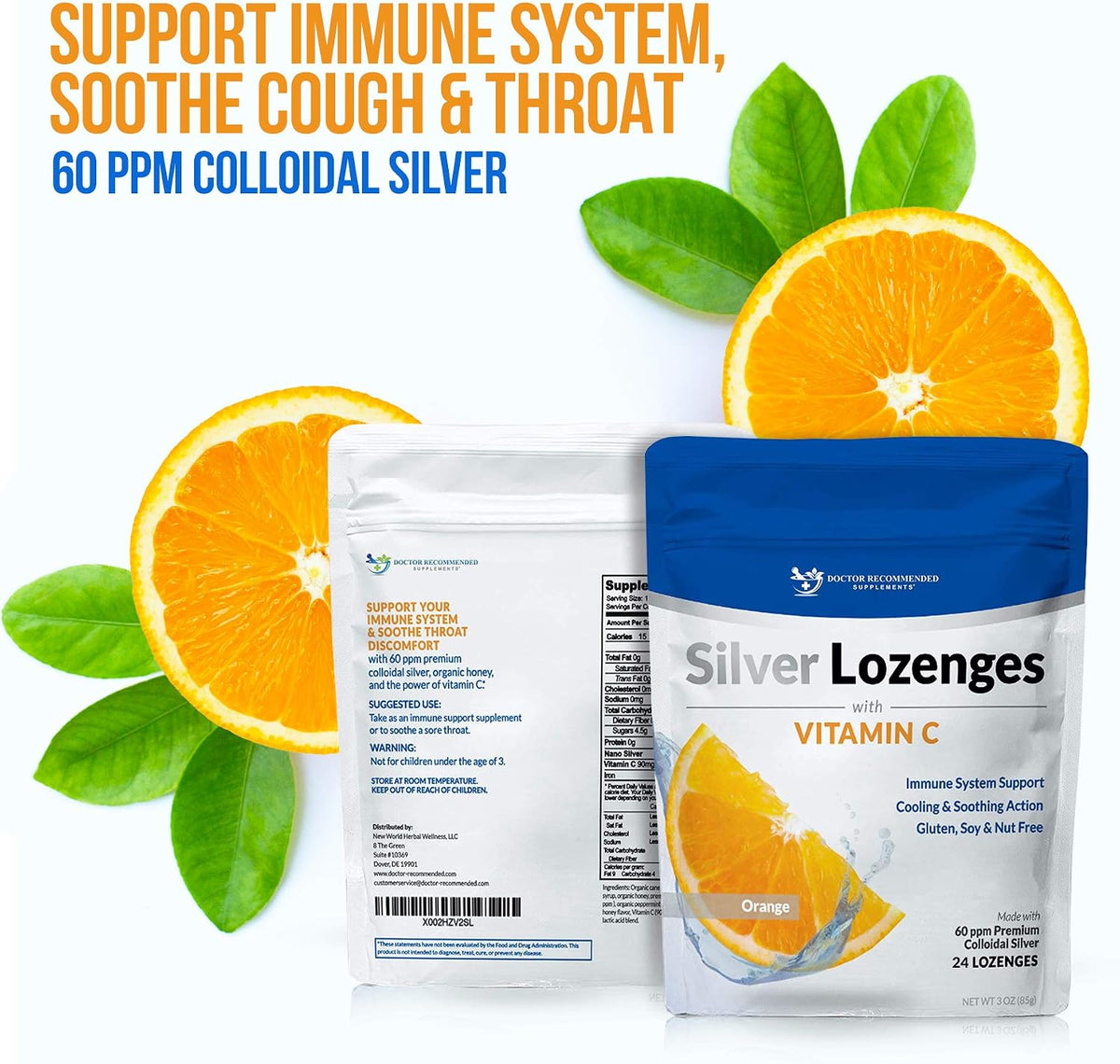 Silver Lozenges with Vitamin C - Premium Nano Silver 60 PPM Colloidal Silver, Organic Honey and Vitamin C Mineral Supplement Drops to Support Immune System, Soothe Cough & Throat - 24 Orange Lozenges