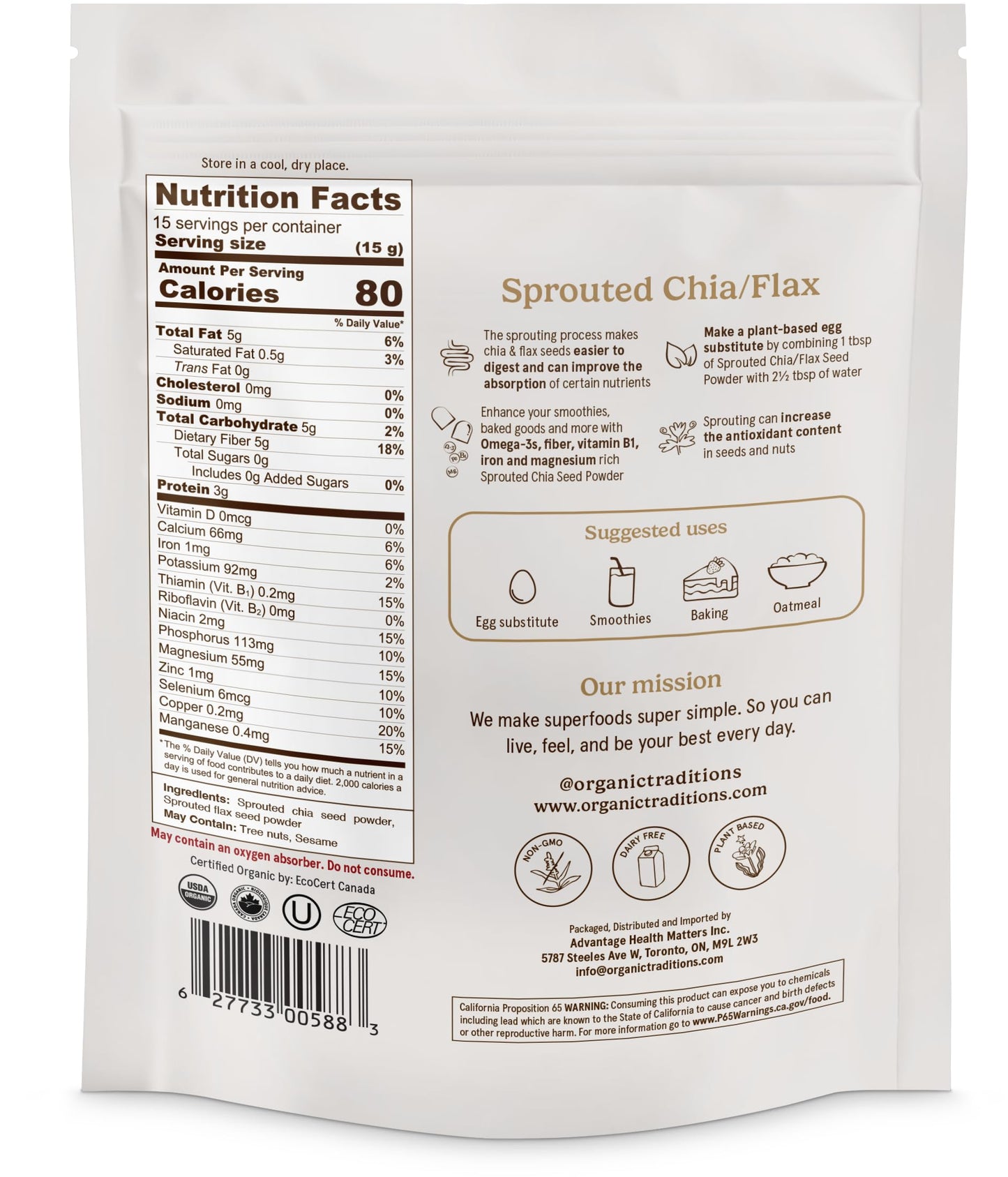 Organic Traditions Sprouted Chia and Flax Seed Powder, Organic Chia Seeds and Flax Blend for Smoothies Baking Oatmeal Egg Substitute, Plant Based Non GMO High Fiber Omega 3 Superfood, 454g / 16 oz Bag