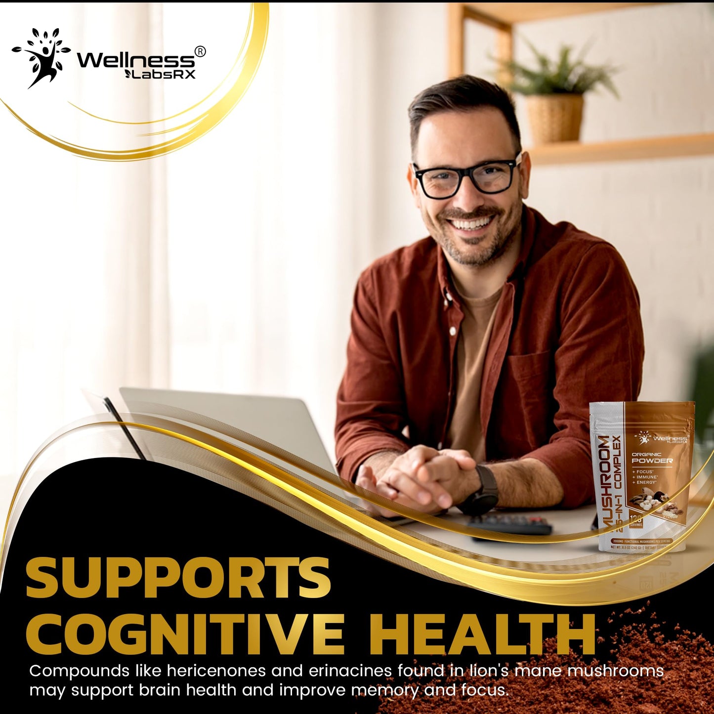 WELLNESS LABSRX Mushroom Powder, 25 in 1 Mushrooms Supplement - 2000mg, 25 Superfood Mishroom Lions Mane Powder with Chaga, Shiitake, Cordyceps, Reishi - Lion's Mane Mushroom - 120 Servings