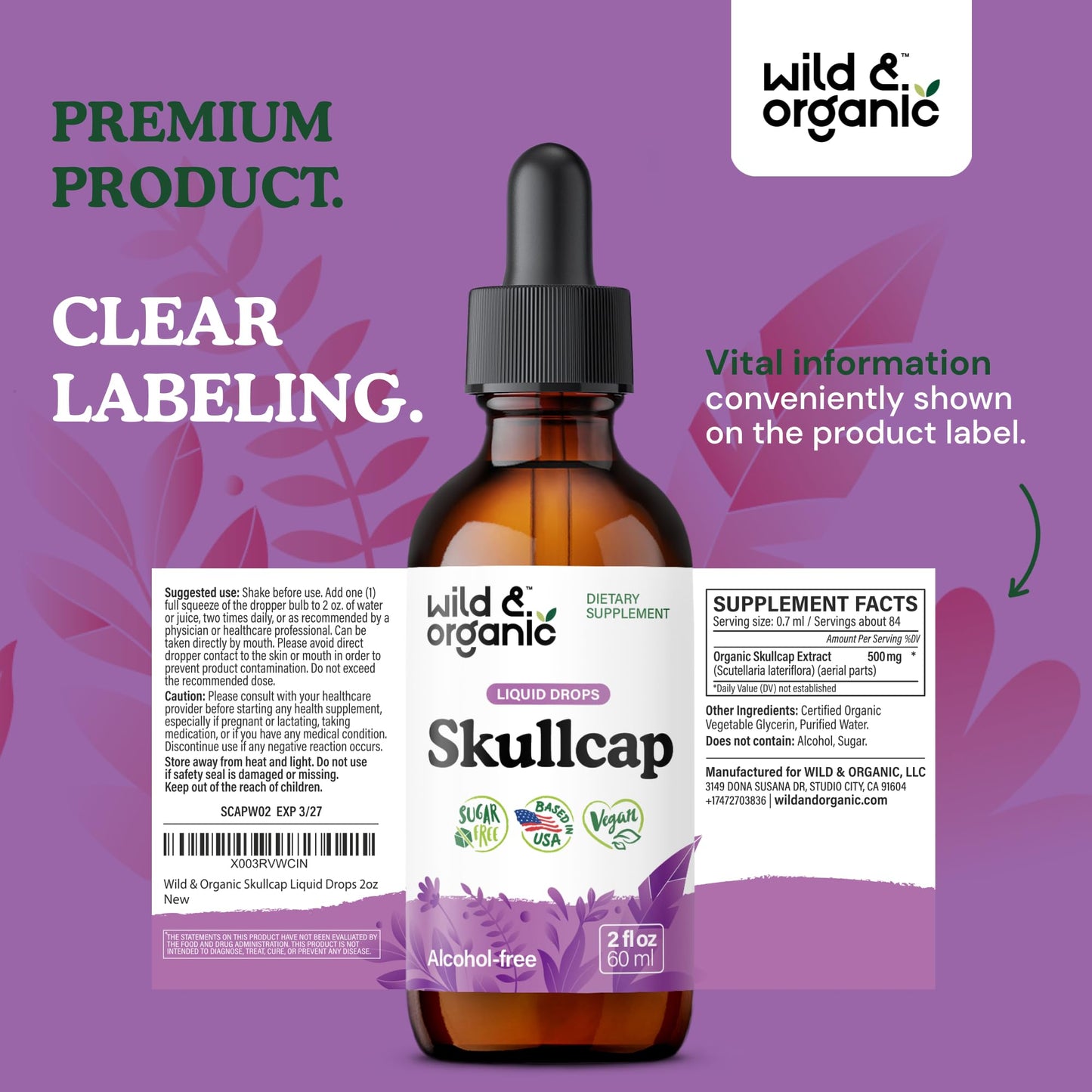 Wild & Organic Skullcap Herb Tincture - Skullcap Supplement for Mood Support - Relaxing Liquid Extract Drops - Vegan, Sugar & Alcohol-Free - 4 fl oz
