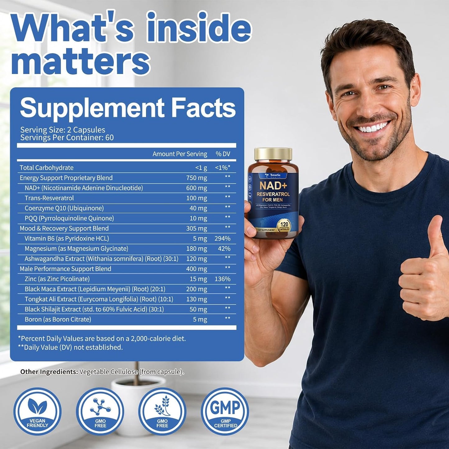 Totaria NAD+ Supplement for Men - NAD Trans-Resveratrol Supplement with CoQ10, PQQ, Magnesium,Ashwagandha – NMN & NMNH Alternative - Cell Energy & Vitality – 120 Capsules