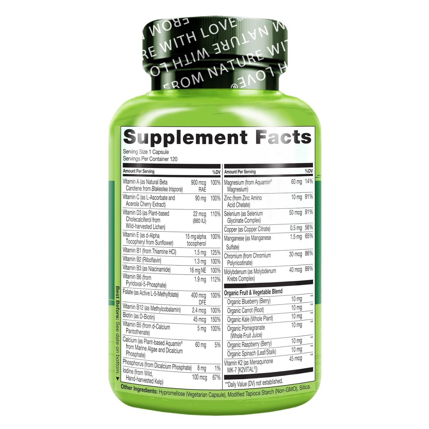 NATURELO One Daily Multivitamin for Women 50+ (Iron Free) - Menopause Support for Women Over 50 - Whole Food Supplement - Non-GMO - No Soy - 60 Capsules - 2 Month Supply