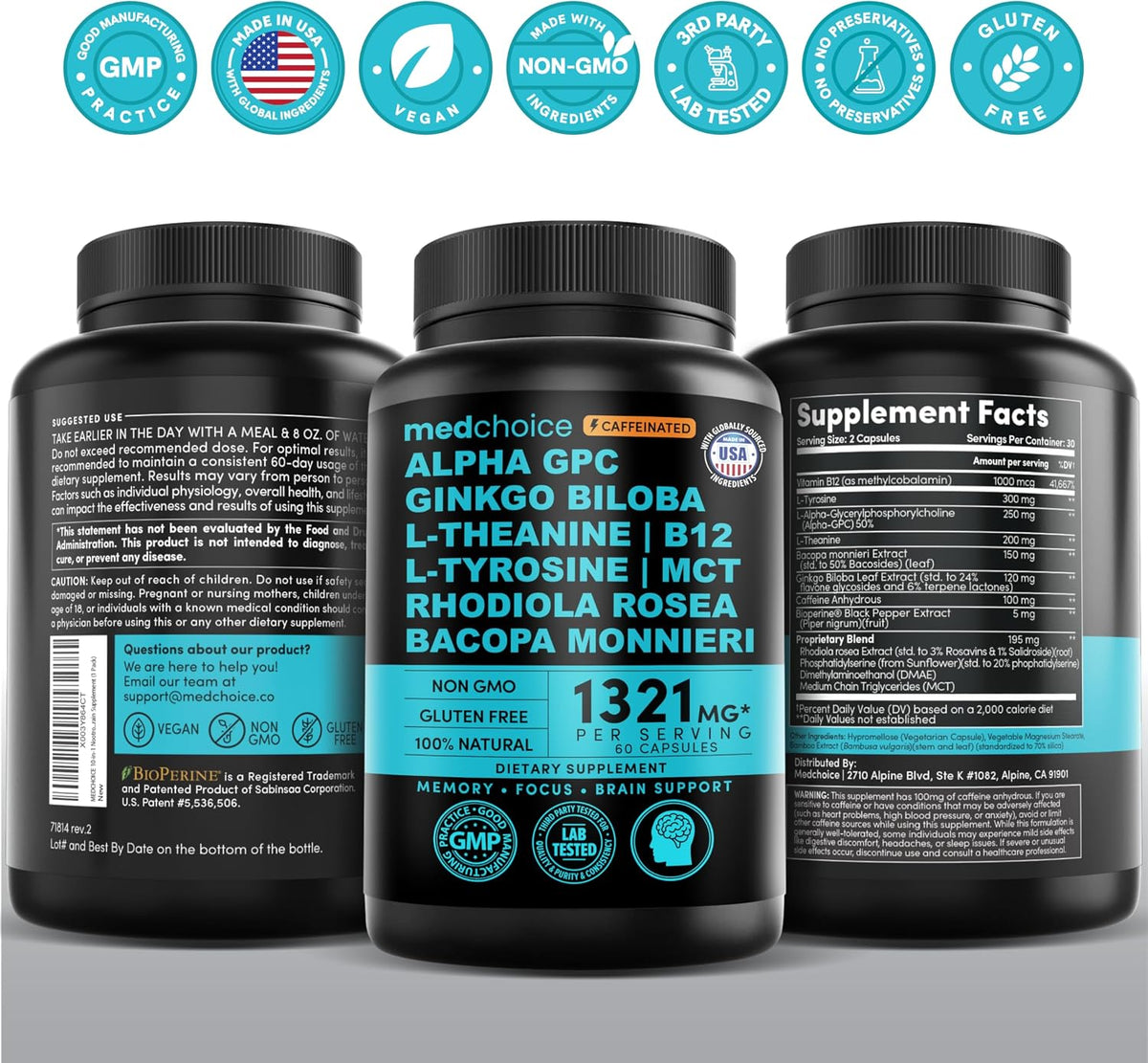 MEDCHOICE 12-in-1 Nootropic Brain Supplement with Caffeine, 60ct