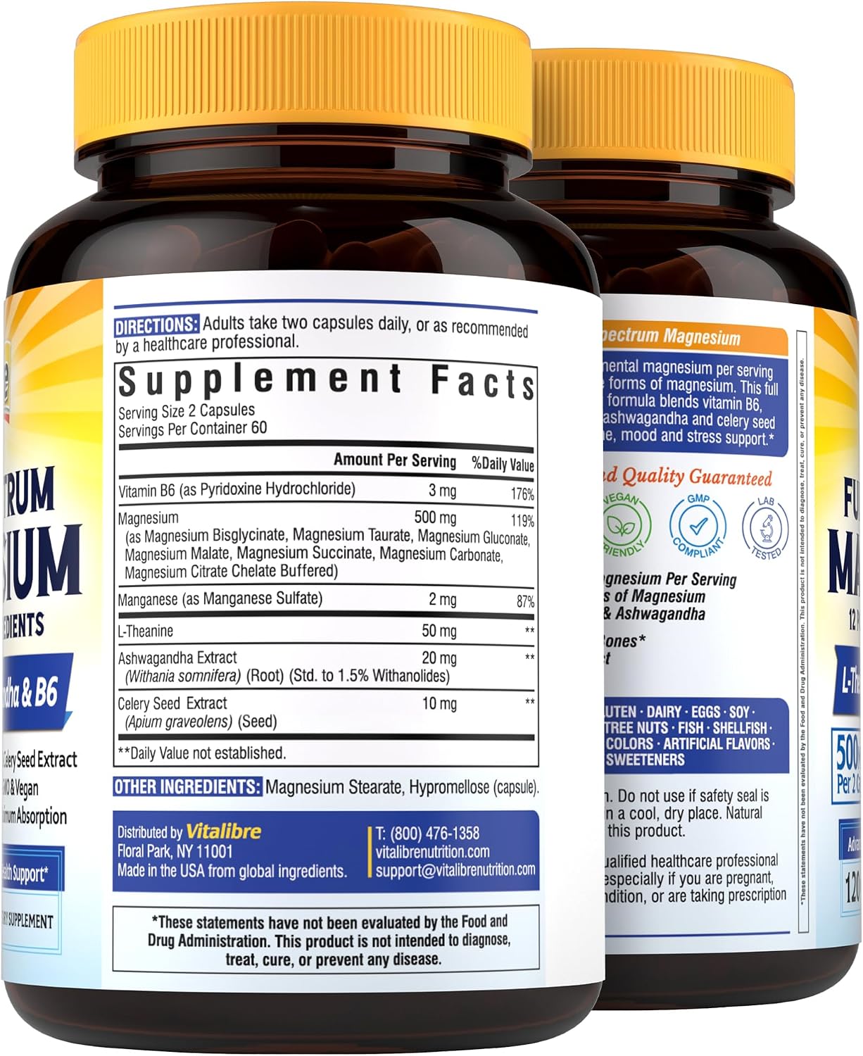 Vitalibre Magnesium Complex 500mg for Women Men, 120 Vegan Capsules | with Ashwagandha, L-Theanine, Vitamin B6 & Celery, High Absorption Magnesium Glycinate, Citrate, Malate, Sleep & Bone Support