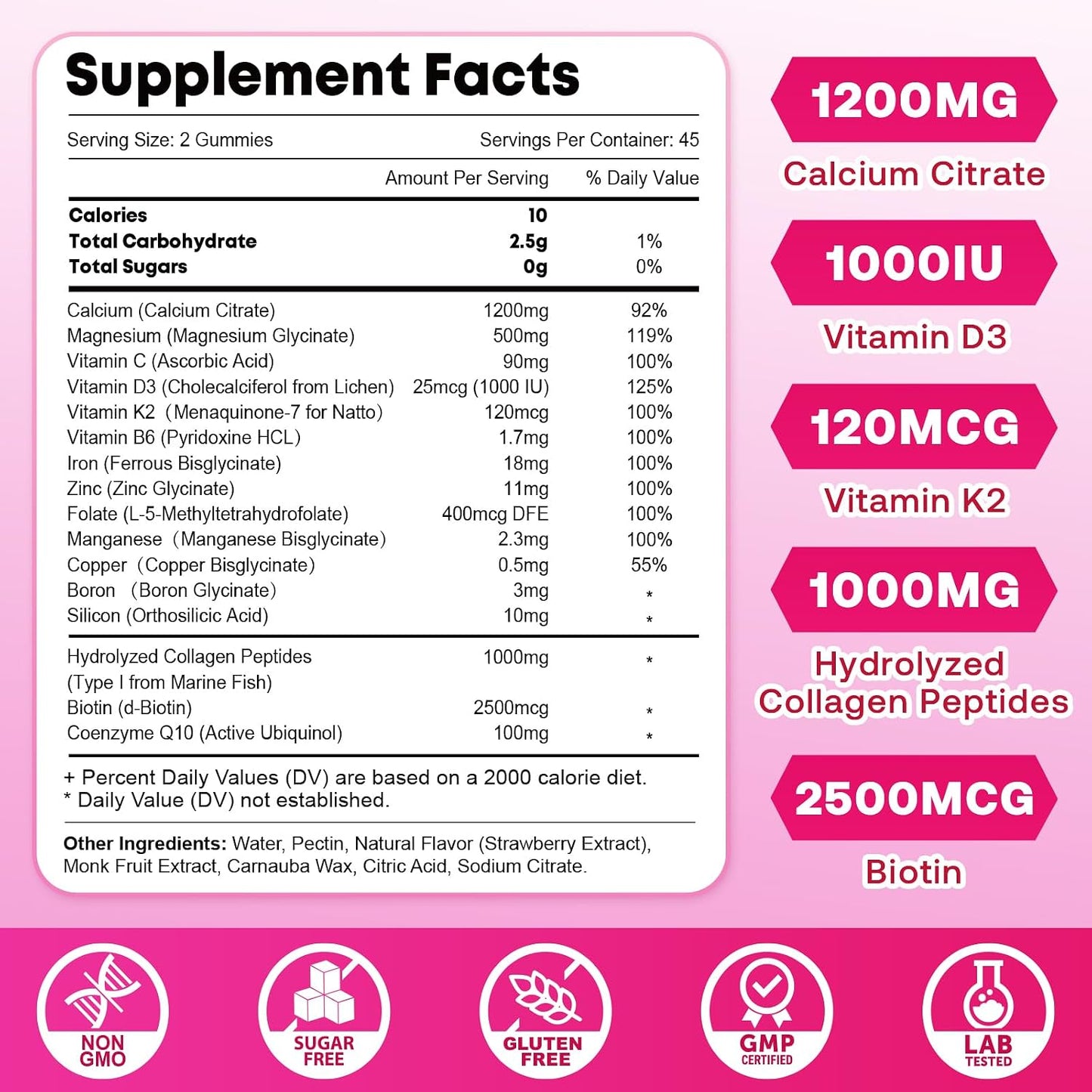 Calcium Gummies for Women, Calcium Citrate 1200mg with Vitamin D3 K2, Collagen & Biotin, B0ne, Teeth, Immune & Hormone Support, Sugar Free, Non-GMO, Gluten-Free, Strawberry Flavor, 90 Count