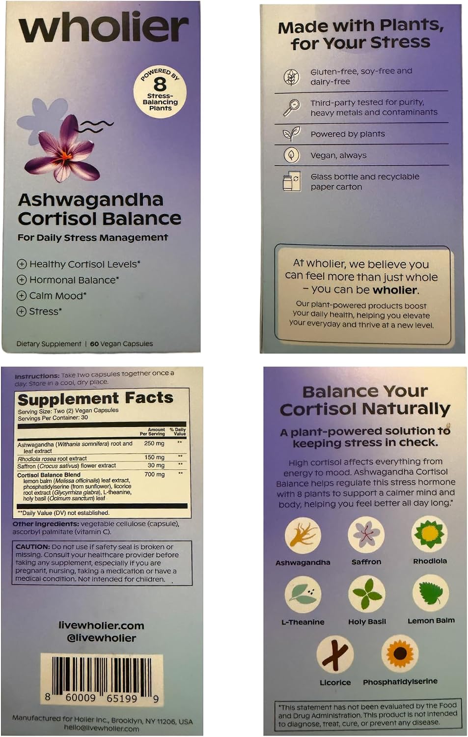 wholier Cortisol Supplement, Ashwagandha, Rhodiola & Saffron, 60 Capsules