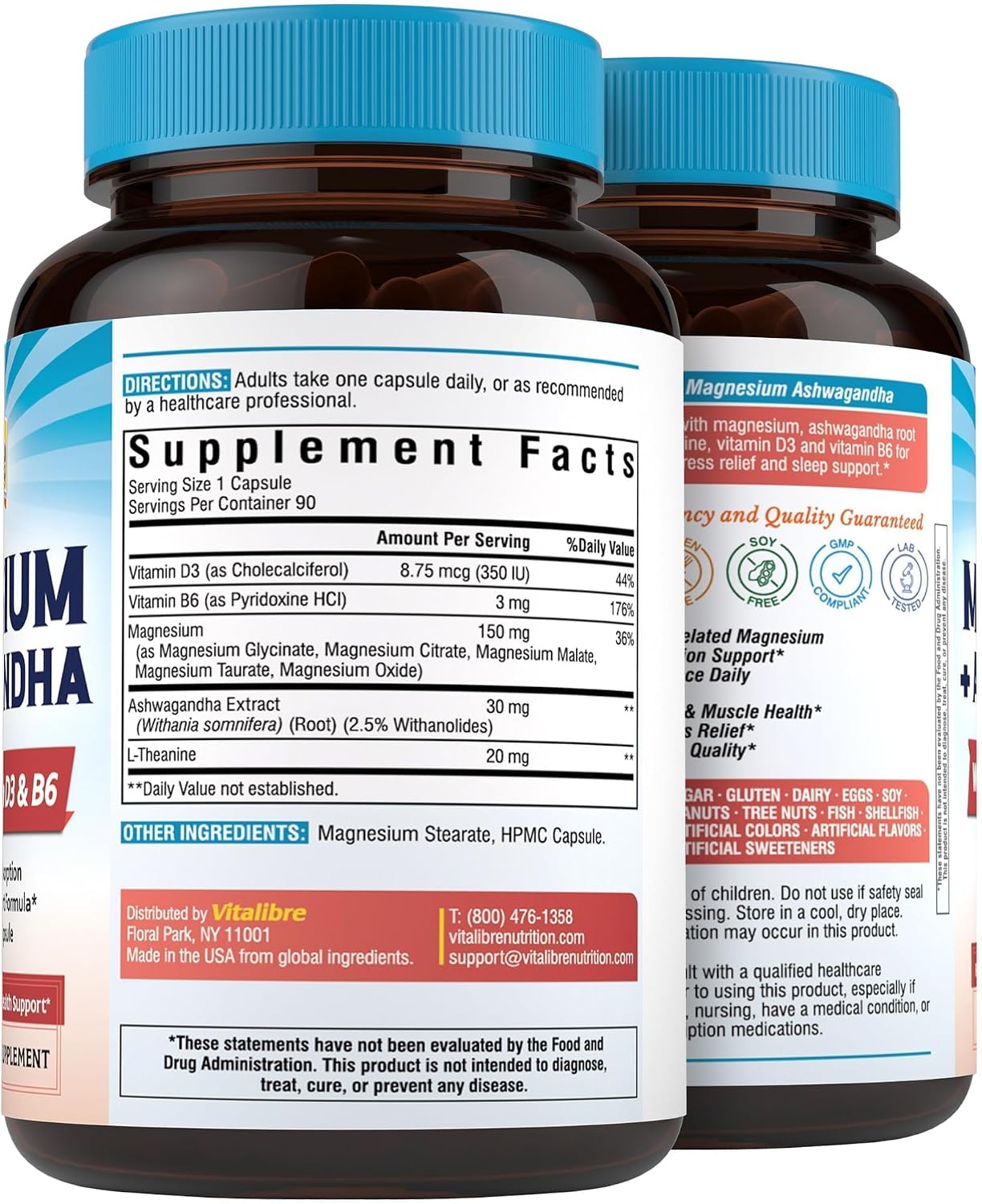 Vitalibre Magnesium Complex with Ashwagandha, L-Theanine & Vitamin D3, B6 | Stress Relief, Bone & Relaxation Support - w/ Magnesium Glycinate, Citrate, Malate, Taurate - Non-GMO, 90 Capsules