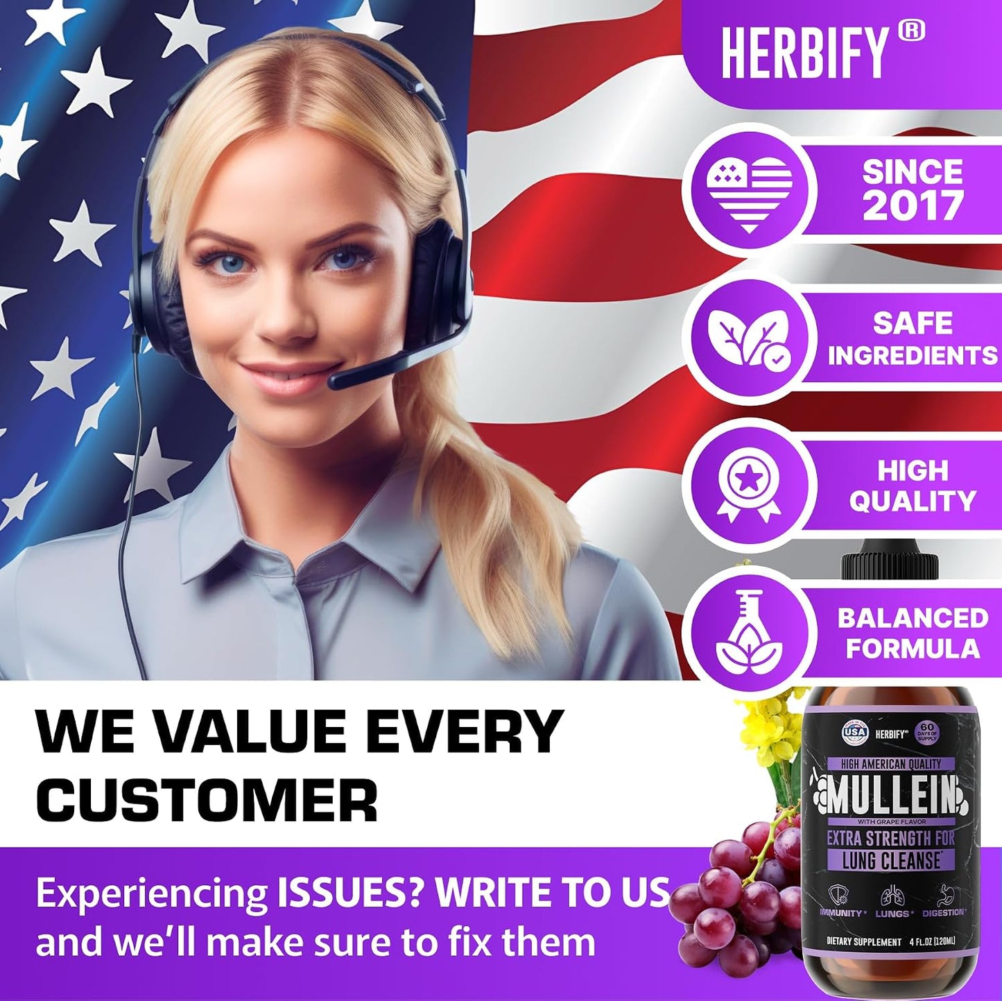 HERBIFY Bundle - Lions Mane & Mullein Grape 4 Fl Oz Drops - Supplement for Memory, Focus & Clarity & Immune Support, Lung Cleanse and Bronchial Support