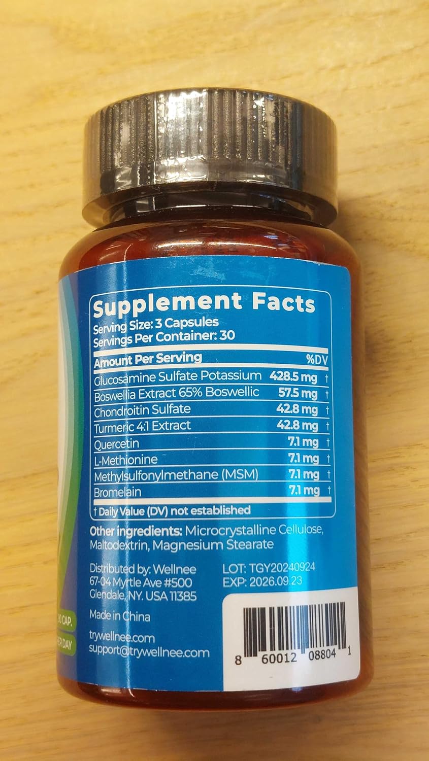 Wellnee Joint Support Supplement - Glucosamine Chondroitin MSM, Boswellia & Turmeric - Relieves Joint Discomfort & Supports Flexibility - Wellknee Joint Support - 90 Capsules, 30 Servings