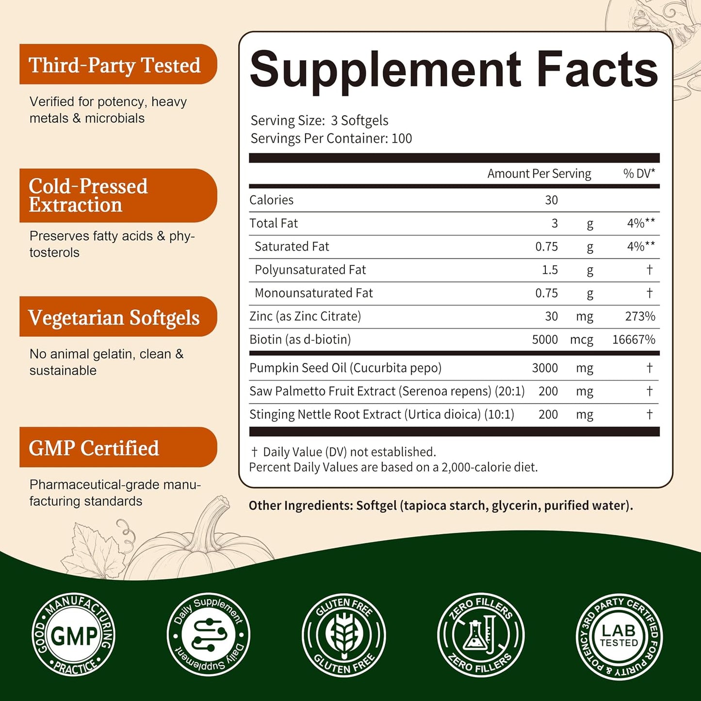 Pumpkin Seed Oil with Saw Palmetto Capsules for Men & Women – Biotin Stinging Nettle Root Zinc – DHT Blocker & Hair Growth Support – Cold Pressed,Essential Fatty Acids & Phytosterols – 300 Softgels
