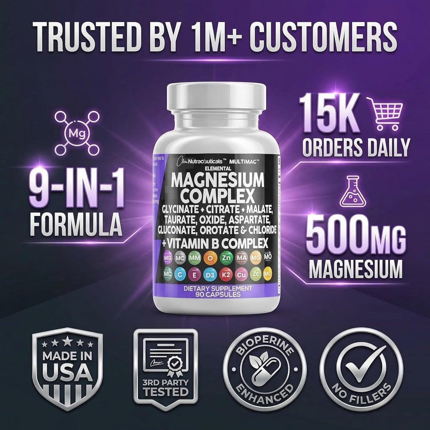 Clean Nutraceuticals Magnesium Complex with Magnesium Glycinate Citrate Malate Oxide Taurate Aspartate Orotate & Mag Chloride, Zinc Copper Manganese & Vitamin C B1 B2 B6 B12 Complex - 1Pack
