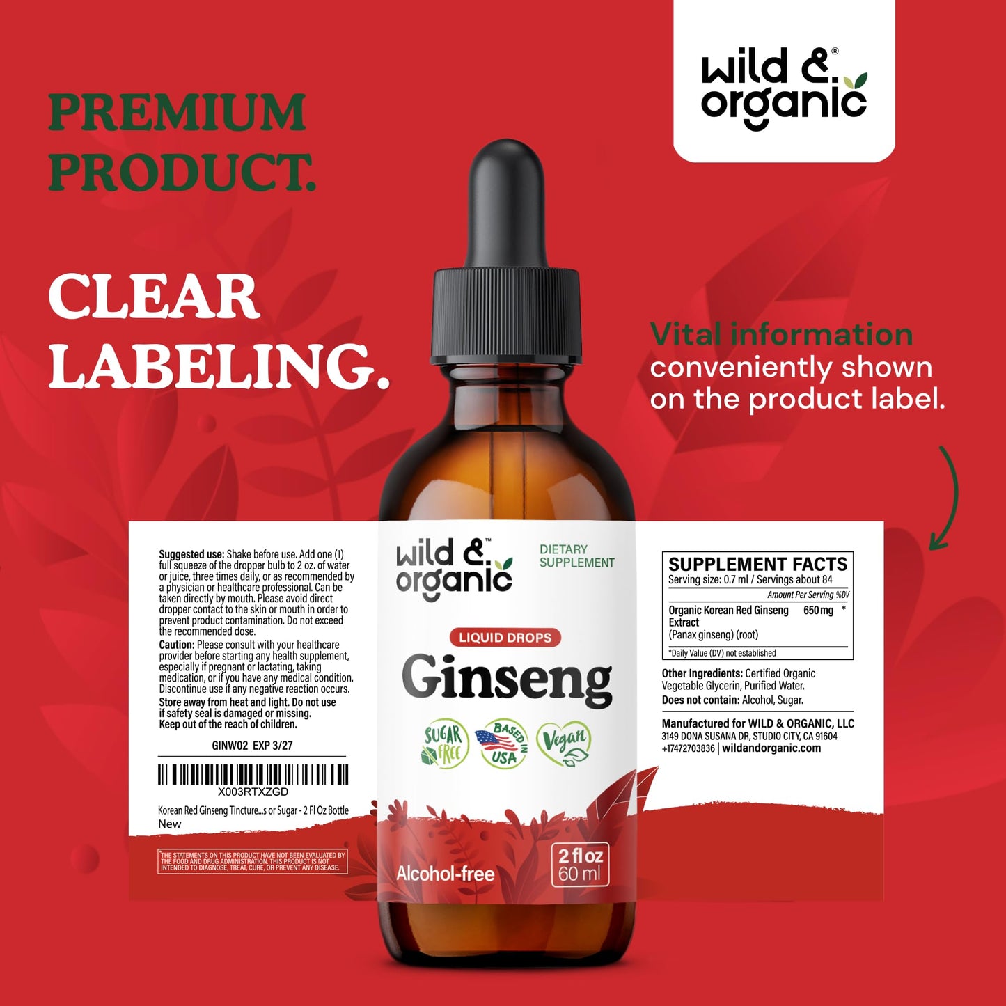 Wild & Organic Korean Panax Ginseng Extract Liquid Drops - Immune & Energy Support - Red Ginseng Root Supplement - Easy to Add to Tea - Vegan, Sugar & Alcohol-Free Tincture - 4 fl oz