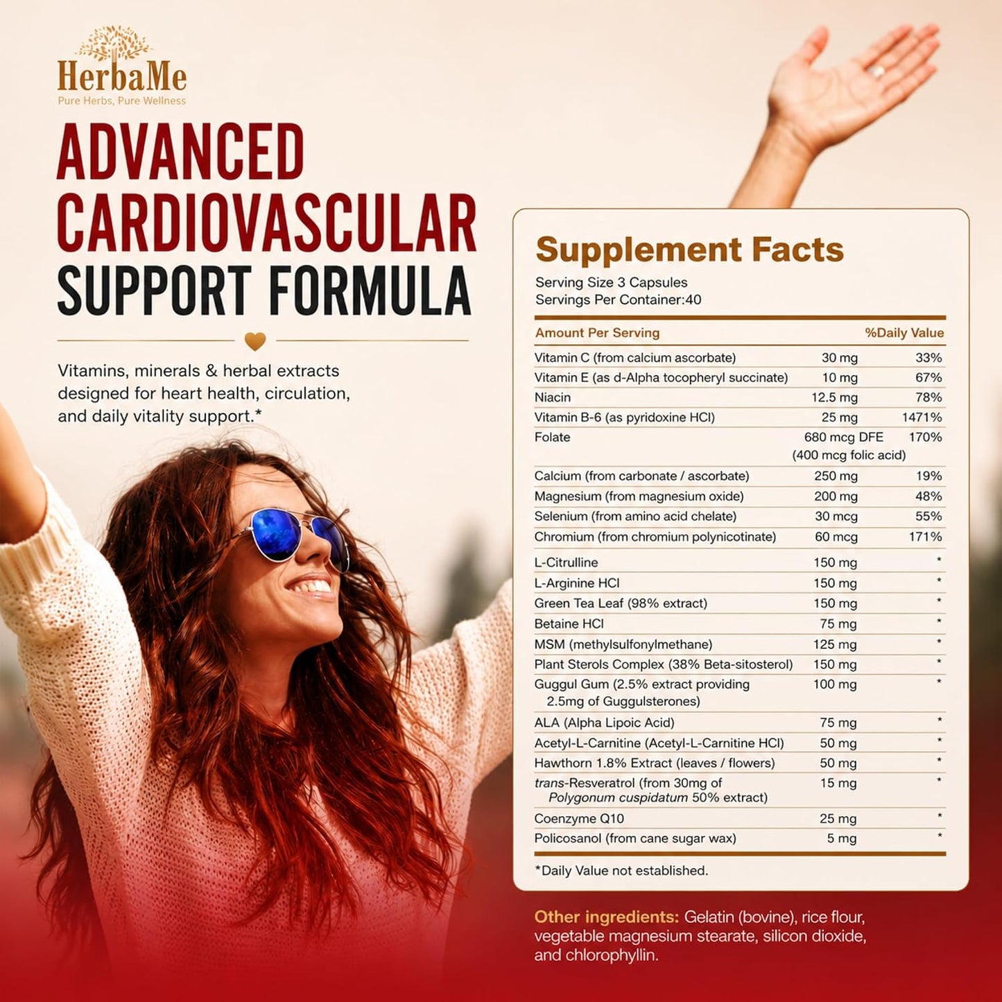HerbaMe Heart Support Supplement for Men & Women, Daily Heart Wellness & Circulation Support, Supports Cardiovascular Wellness & Vascular Function with L-Arginine, Citrulline & CoQ10, 120 Capsules