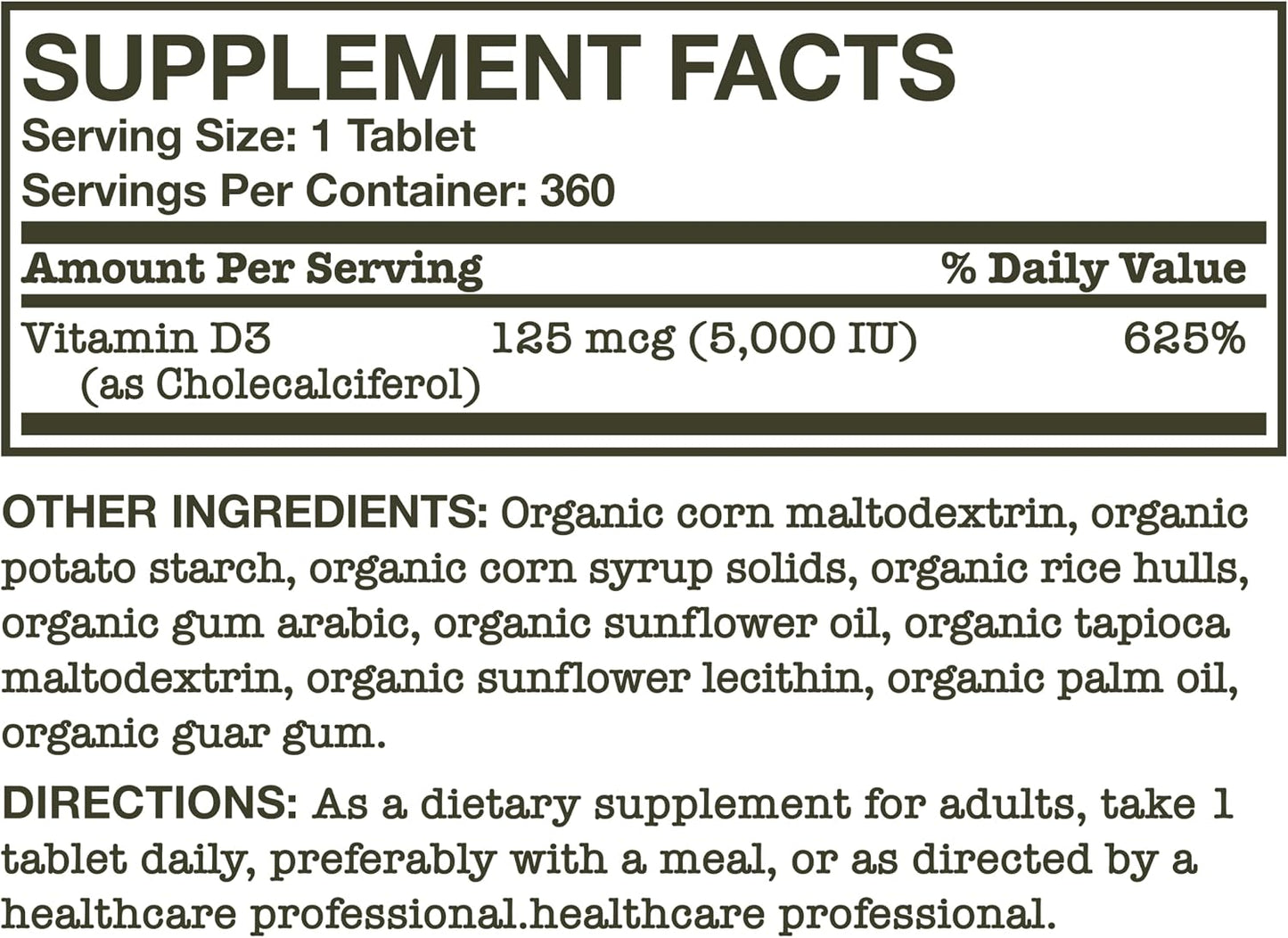 Futurebiotics Vitamin D3 5,000 IU (125 MCG), USDA Certified Organic Vitamin D Supplement, 360 Tablets