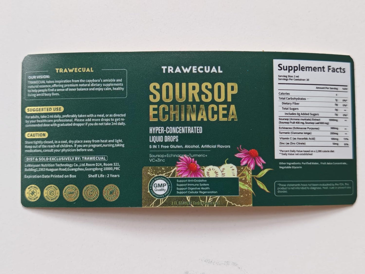 Soursop Drops, Soursop Graviola Liquid Drop 1000mg with Echinacea 300mg, Turmeric, Vitamin C, Zinc - for Immune Support, Digestive Health, Antioxidant & Cell Support, 2 FL OZ