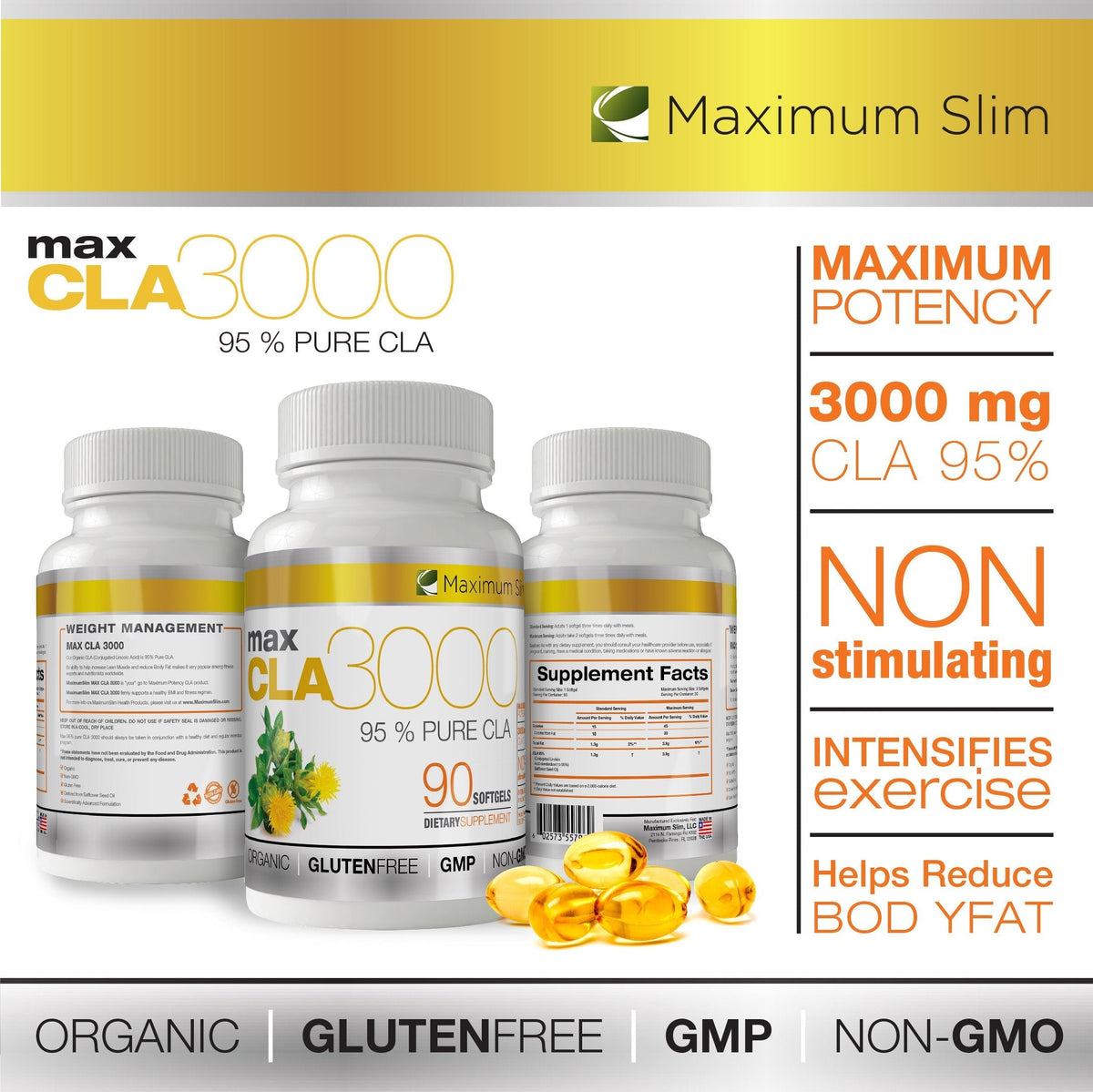 MAX CLA 3000, High Potency, Natural Weight Loss Exercise Enhancement, Increase Lean