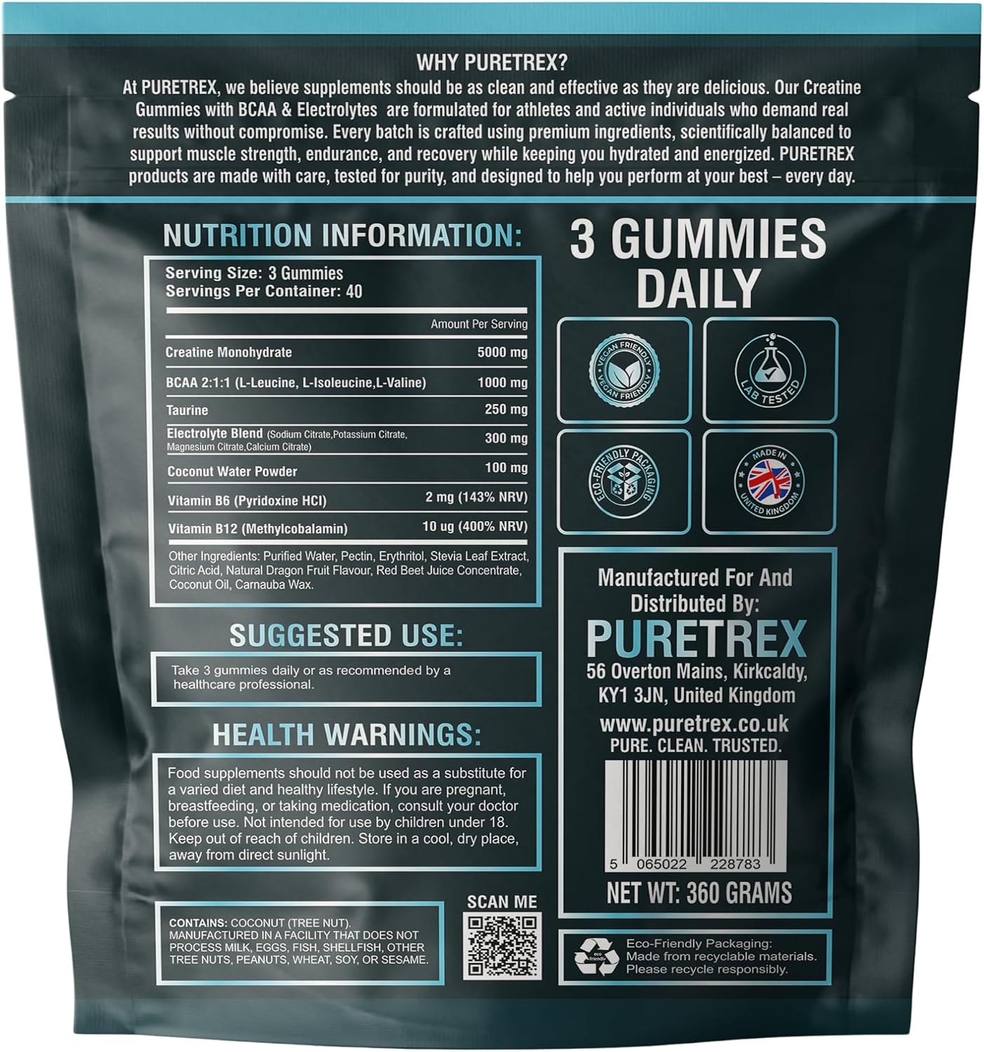 Creatine Gummies with BCAA and Electrolytes, 5g Creatine Monohydrate per Serving, Sugar Free Chews for Muscle Recovery and Hydration, Arctic Dragon Fruit Flavor, Vegan, 120 Count, Made in UK