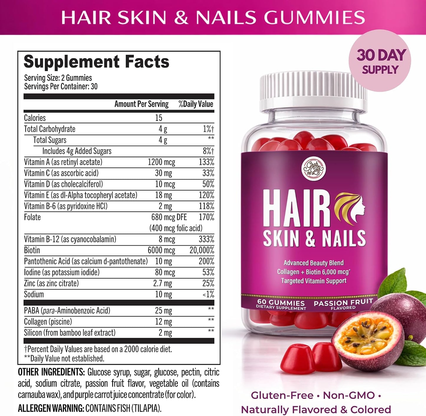 Grab The Gold Hair Skin & Nails Gummies Biotin Collagen Passion Fruit