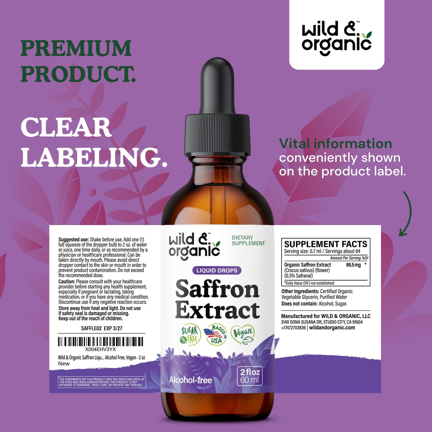 Wild & Organic Saffron Supplements 88.5 mg - Mood, Focus & Eye Support - Saffron Extract Liquid Drops - Add to Tea - 5-Month Supply - Crocus Sativus Herb - Vegan, Sugar & Alcohol-Free Tincture - 4 oz