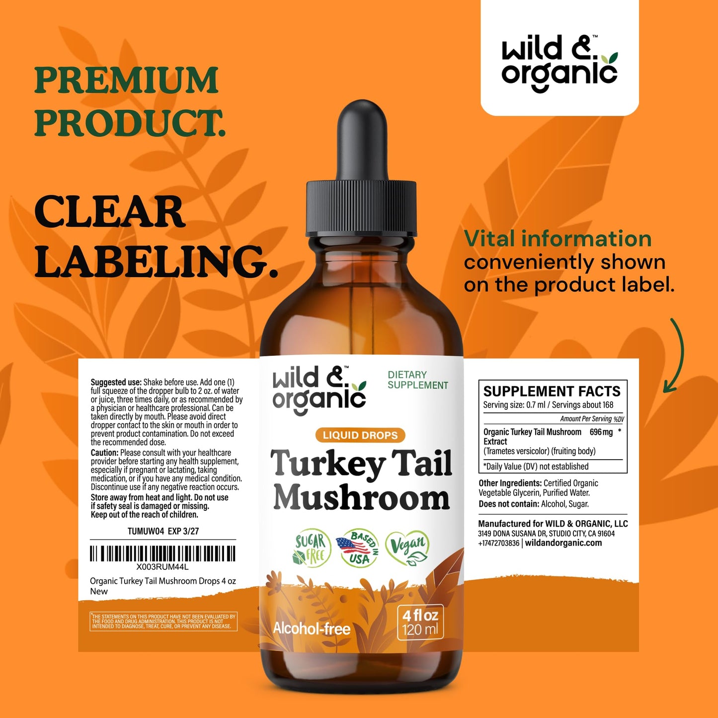 Wild & Organic Turkey Tail Mushroom Tincture - Immune Support Drops with Turkey Tail Extract - Liquid Mushroom Supplement for Gut Support - Vegan, Sugar & Alcohol-Free - 4 fl oz