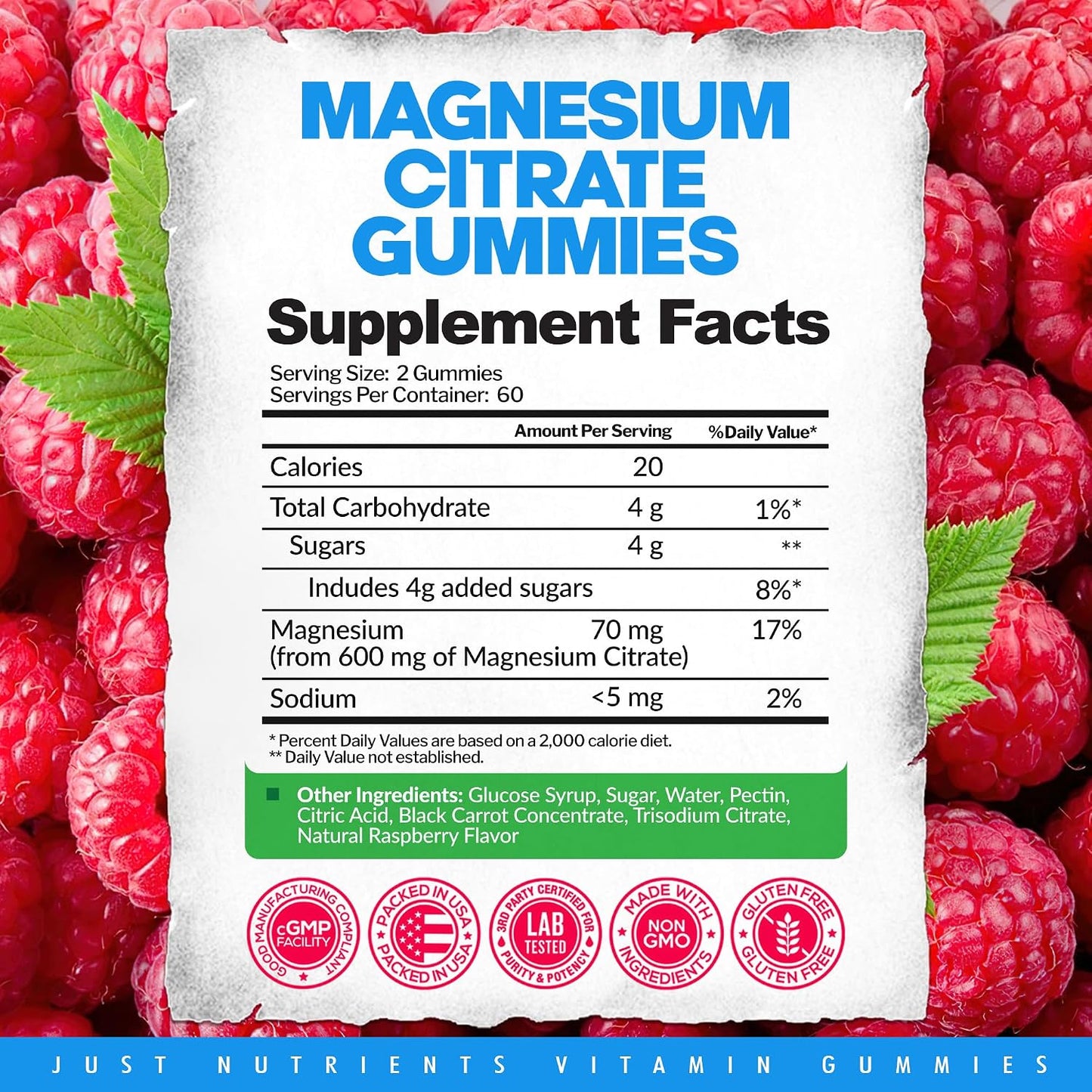 Magnesium Citrate 600mg Gummies (120 Count) - Maximum Strength, Supports Calm, Bone, Heart & Nerve Health - Gluten-Free, Non-GMO, Vegetarian, Great Tasting Raspberry Flavor - 60 Servings