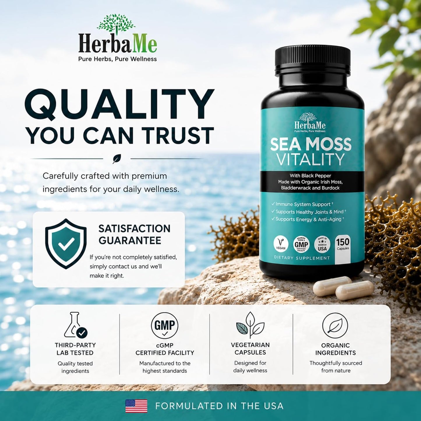 HerbaMe Organic Sea Moss Supplement with Bladderwrack & Burdock Root, Irish Moss with Black Pepper Extract, Daily Mineral Support for Energy & Wellness, Immune Support for Men & Women, 150 Capsules