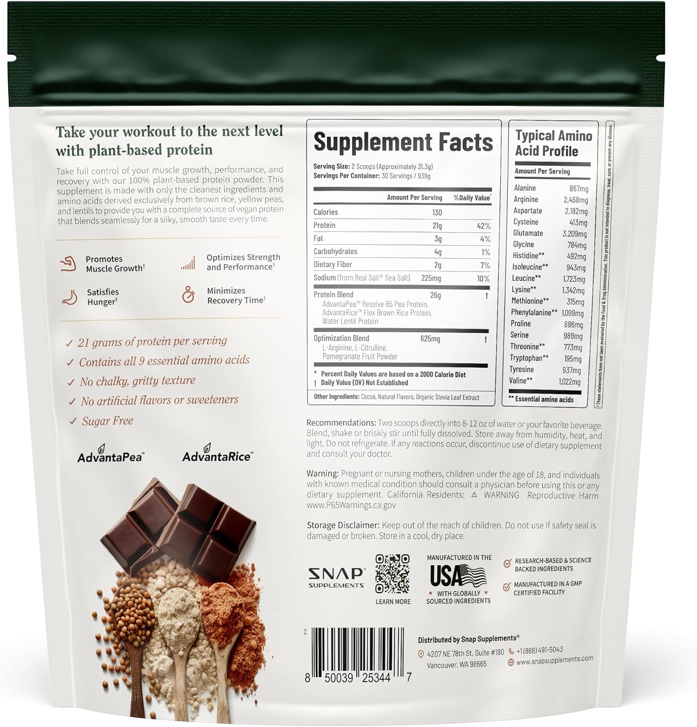 Snap Supplements Plant Based Vegan Protein Powder, Chocolate, 30 Servings | Nitric Oxide Boosting Protein Powder, BCAA Amino Acid for Muscle Growth, Performance & Recovery, 21g Protein per Serving