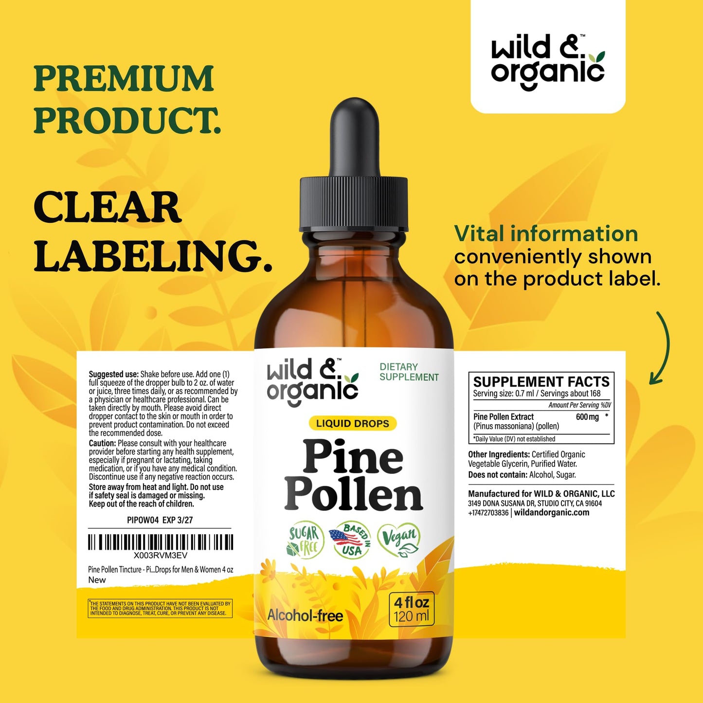 Wild & Organic Pine Pollen Tincture - Pine Pollen for Men & Women - Add to Tea & Drink - Pure Pinus Massoniana Extract Drops - Vegan, Sugar & Alcohol-Free Liquid Supplement - 4 fl oz