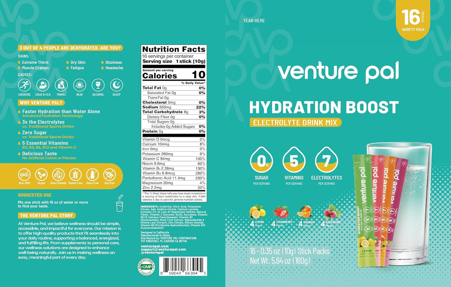 Venture Pal Sugar Free Electrolyte Powder, Liquid Daily IV Hydration Packet | 7 Electrolytes & 5 Vitamins, Electrolytes Dink Mix for Party Recovery & Instantly Hydration, Vegan, Keto-Friendly, 16 Sticks