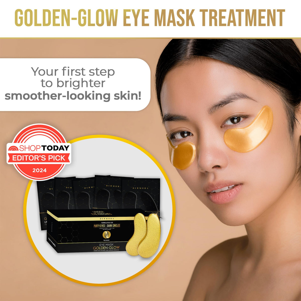 DERMORA Golden Glow Under Eye Patches (100 Pairs Eye Gels) - Rejuvenating Treatment
