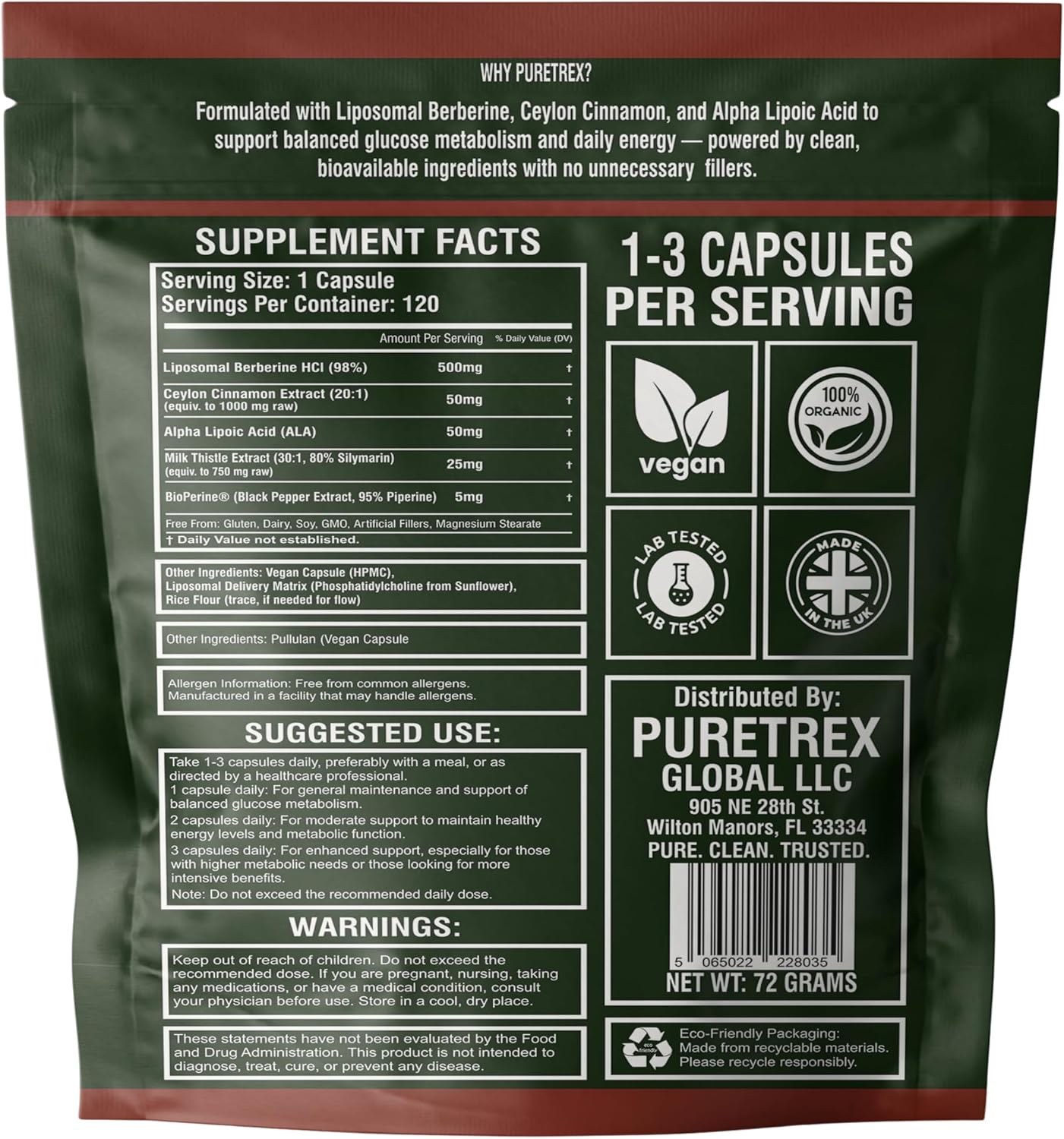 Liposomal Berberine 500mg HCl 98%, 120 Capsules with Ceylon Cinnamon, Alpha Lipoic Acid, Milk Thistle, Enhanced Absorption Metabolism Supplement, Made in UK, Vegan