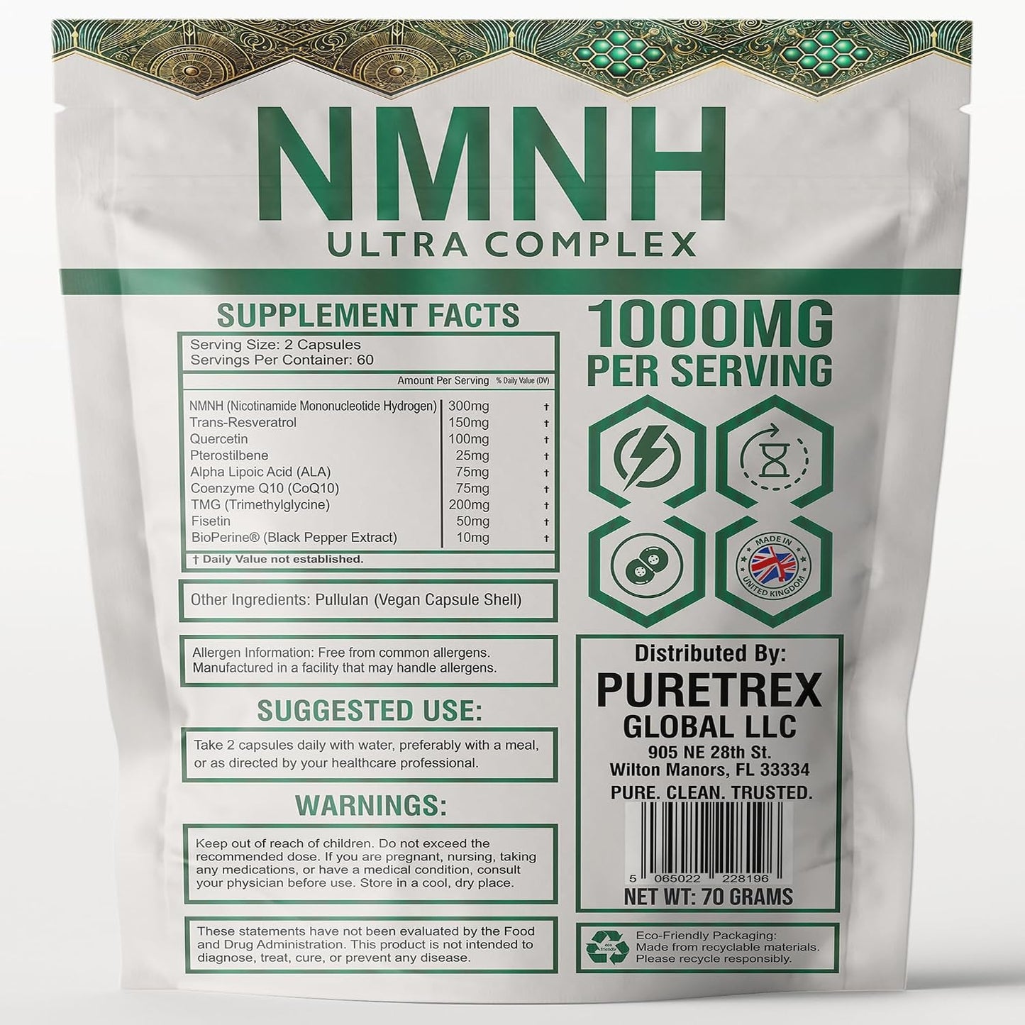 NMNH Ultra Complex 1000mg, NMNH Supplement with Trans-Resveratrol, Quercetin, CoQ10, ALA, TMG, Pterostilbene, Fisetin & BioPerine, 120 Vegan Capsules, Made in UK