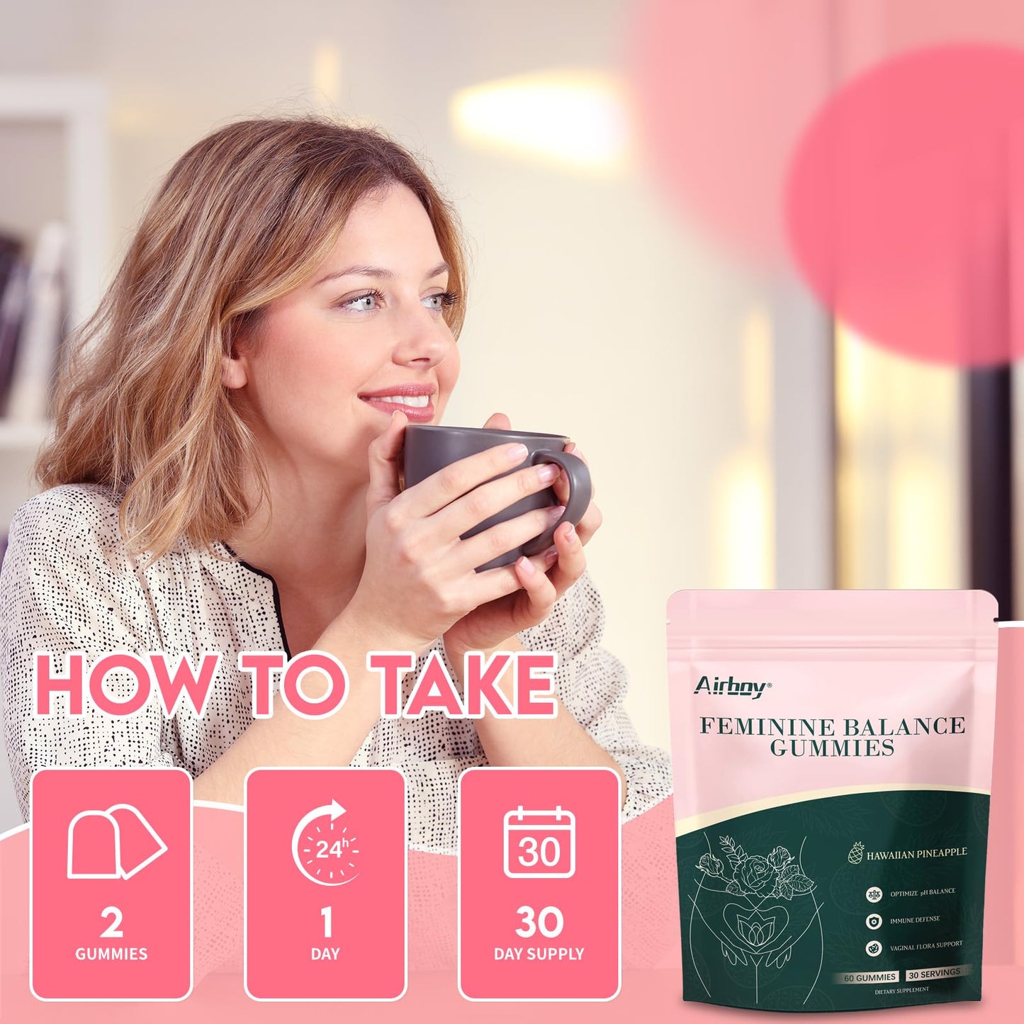 Airboy Vaginal Probiotic Gummies for Women, Pineapple Gummies for Women Balanced PH, Yeast Balance & Flora Support - 60 Gummies