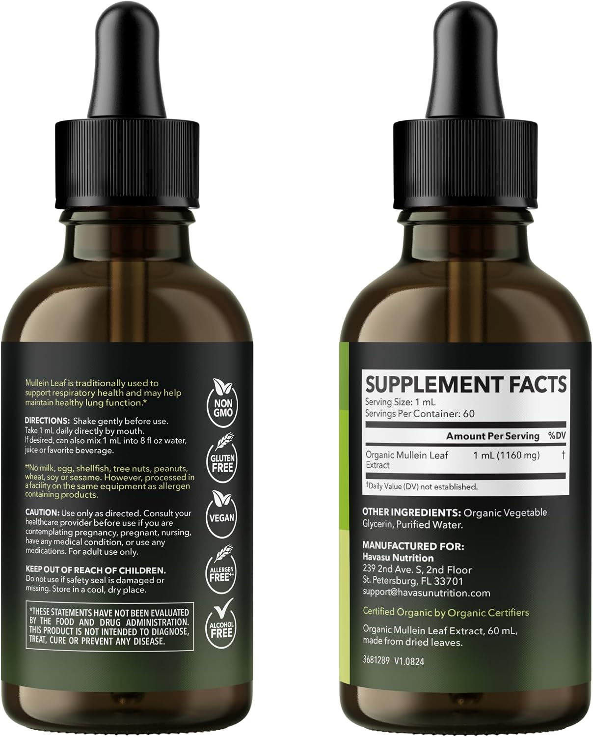 Mullein Drops for Lungs, USDA Organic Mullein Leaf Extract, 2 Fl Oz | Respiratory Health and Lung Support Supplement, 2 Fl Oz, Vegan, Non-GMO, and Alcohol Free, Herbal Tincture, 60 Servings