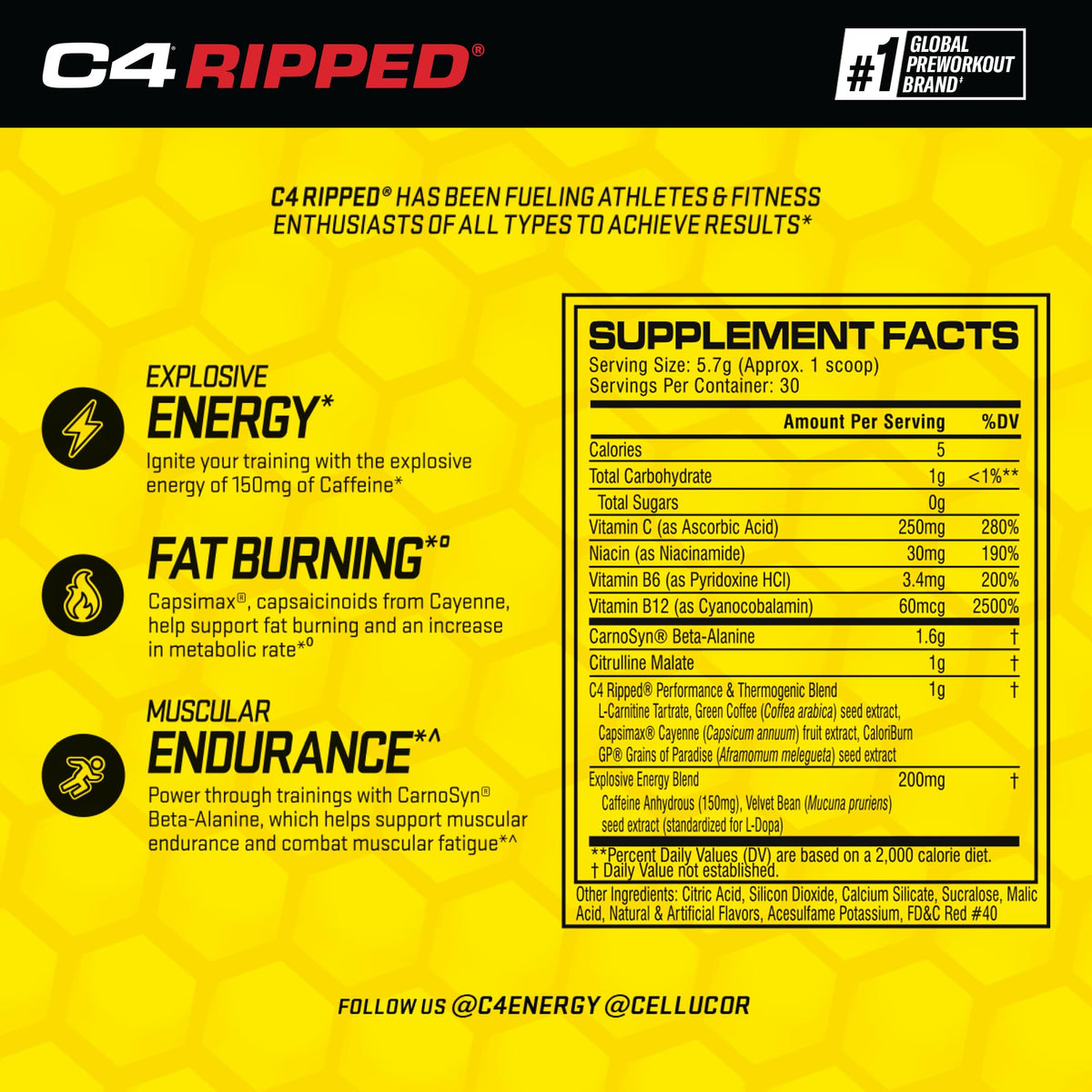 Cellucor C4 Ripped Pre Workout Powder Cherry Limeade | Creatine Free + Sugar Free