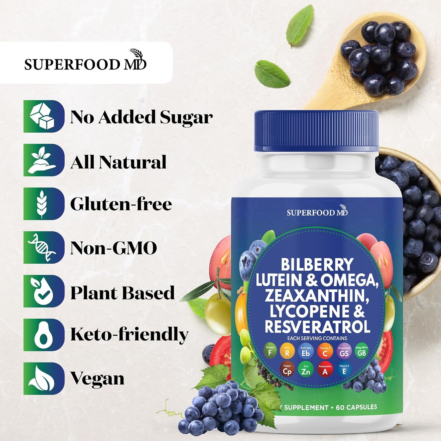 Superfood MD Eye Health Vitamins with Bilberry Lutein & Zeaxanthin Lycopene 40mg Resveratrol Grape Seed Extract Astaxanthin- AREDS 2 - Eye Vitamin - 120 Capsules