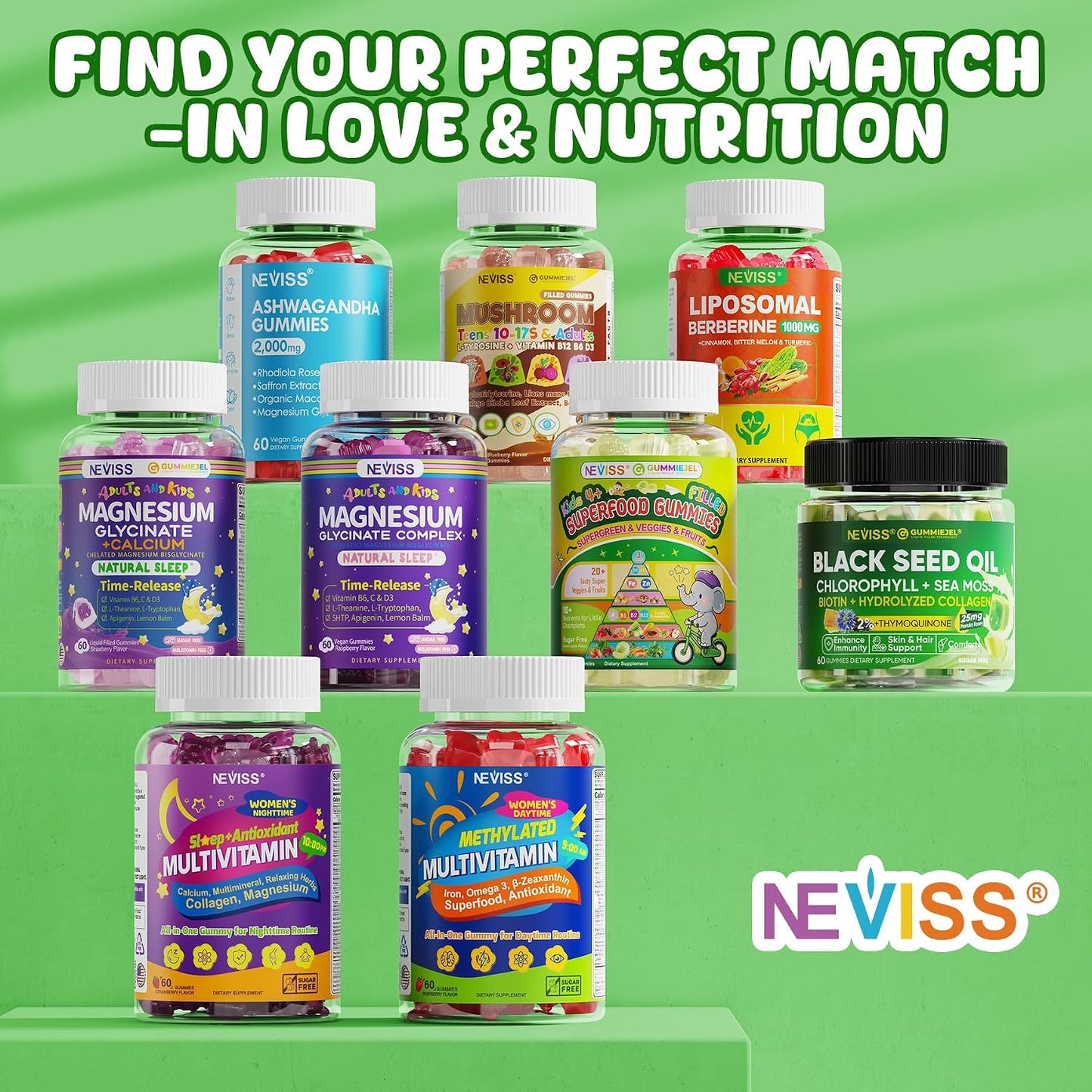 NEVISS Kids Teens Ages 4–17 Multivitamin with Iron Omega3 D3K2, Picky Eater Vitamin Super Greens Gummies, Boys Girls Organic Fruits Veggies Superfood Gummy, Mushroom | Immune Bone Brain, Sugar Free
