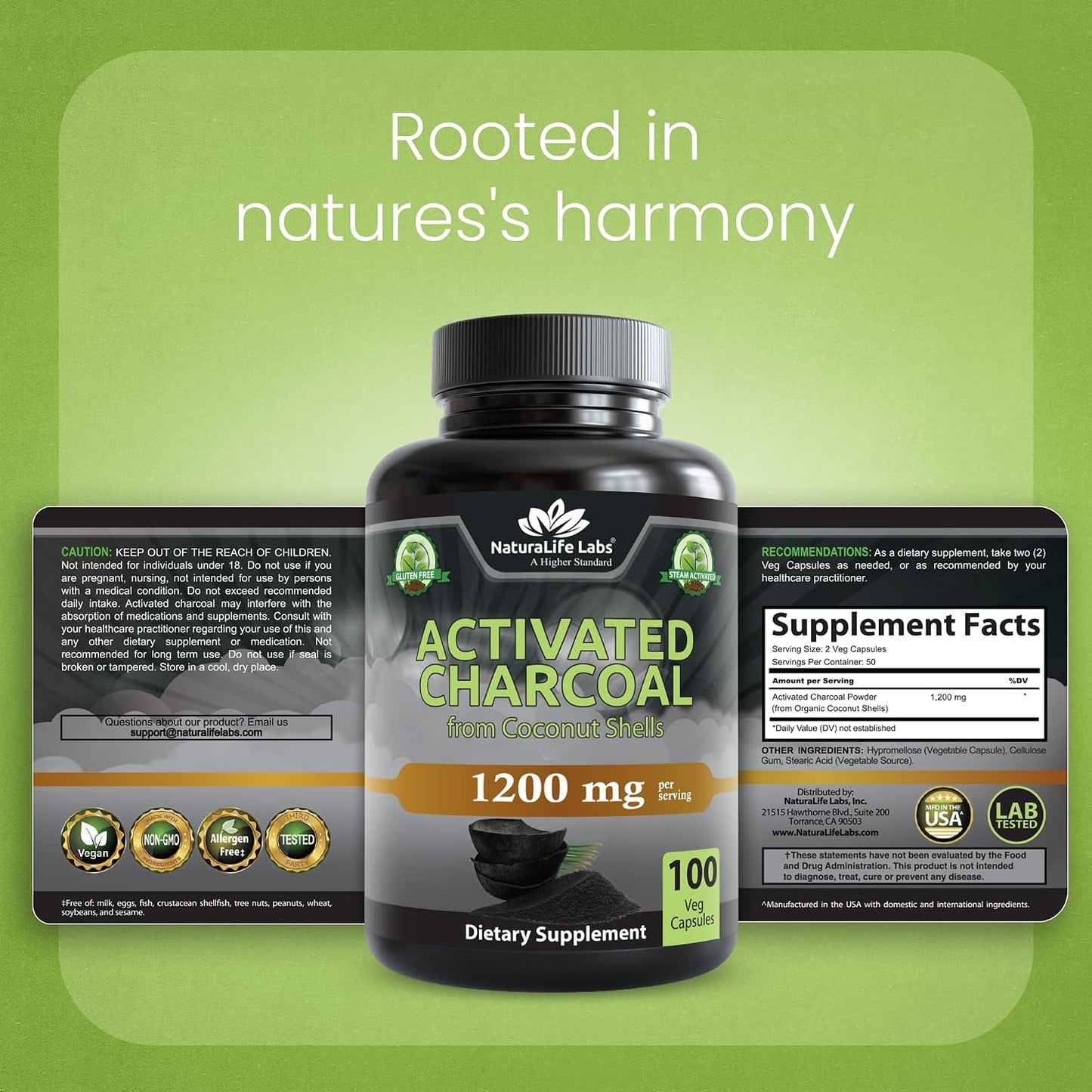 NaturaLife Labs Activated Charcoal 1200 mg per Serving – from Coconut Shells – 100 Veg Capsules – Non-GMO, Gluten-Free, Vegan