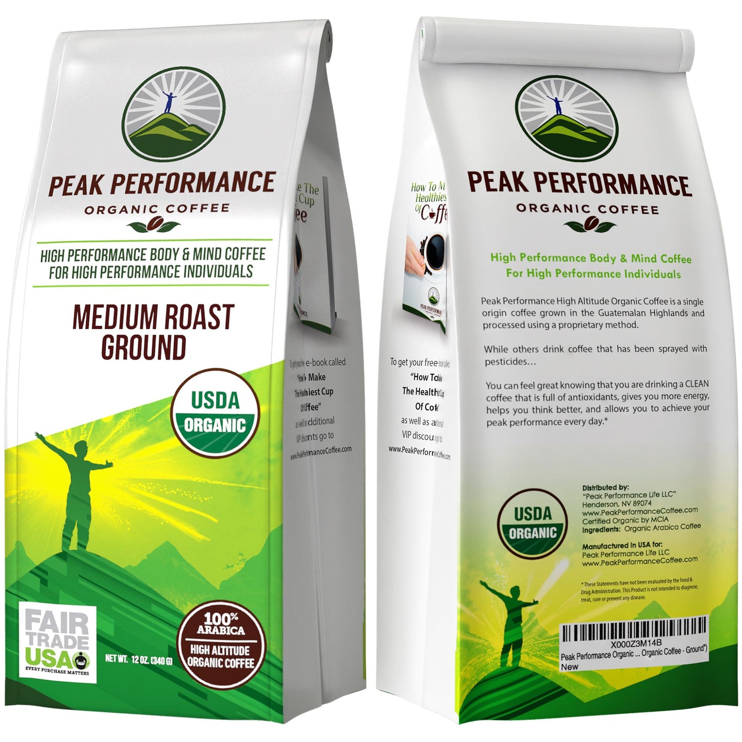 Peak Performance High Altitude Organic Coffee - Fair Trade, Low Acid, Non GMO, and Beans Full of Antioxidants - Medium Roast Smooth Tasting USDA Certified Organic Ground Coffee Bag 12 oz